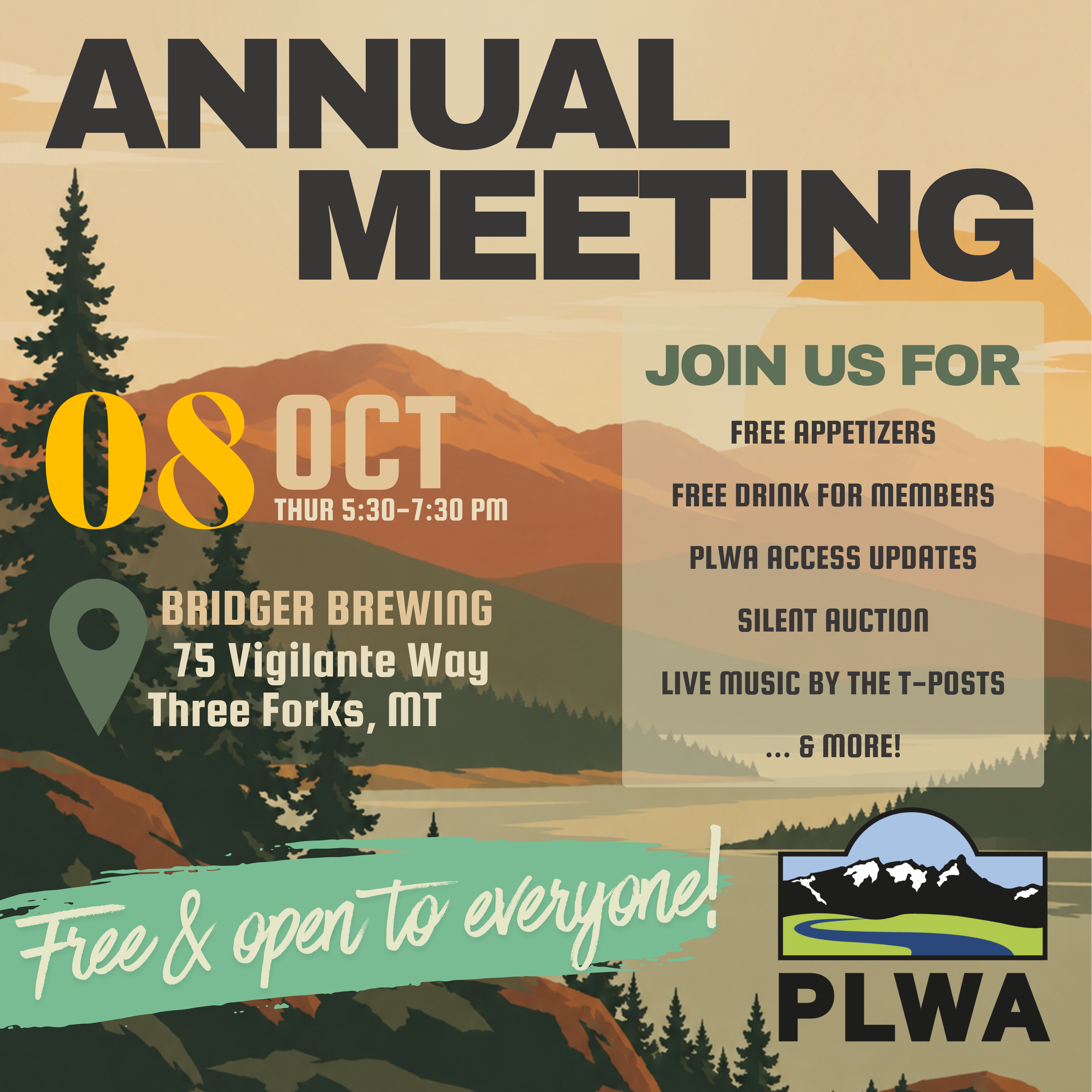Join us for our Annual Meeting on October 8 at Bridger Brewing in Three Forks, MT. Doors open at 5:30! 