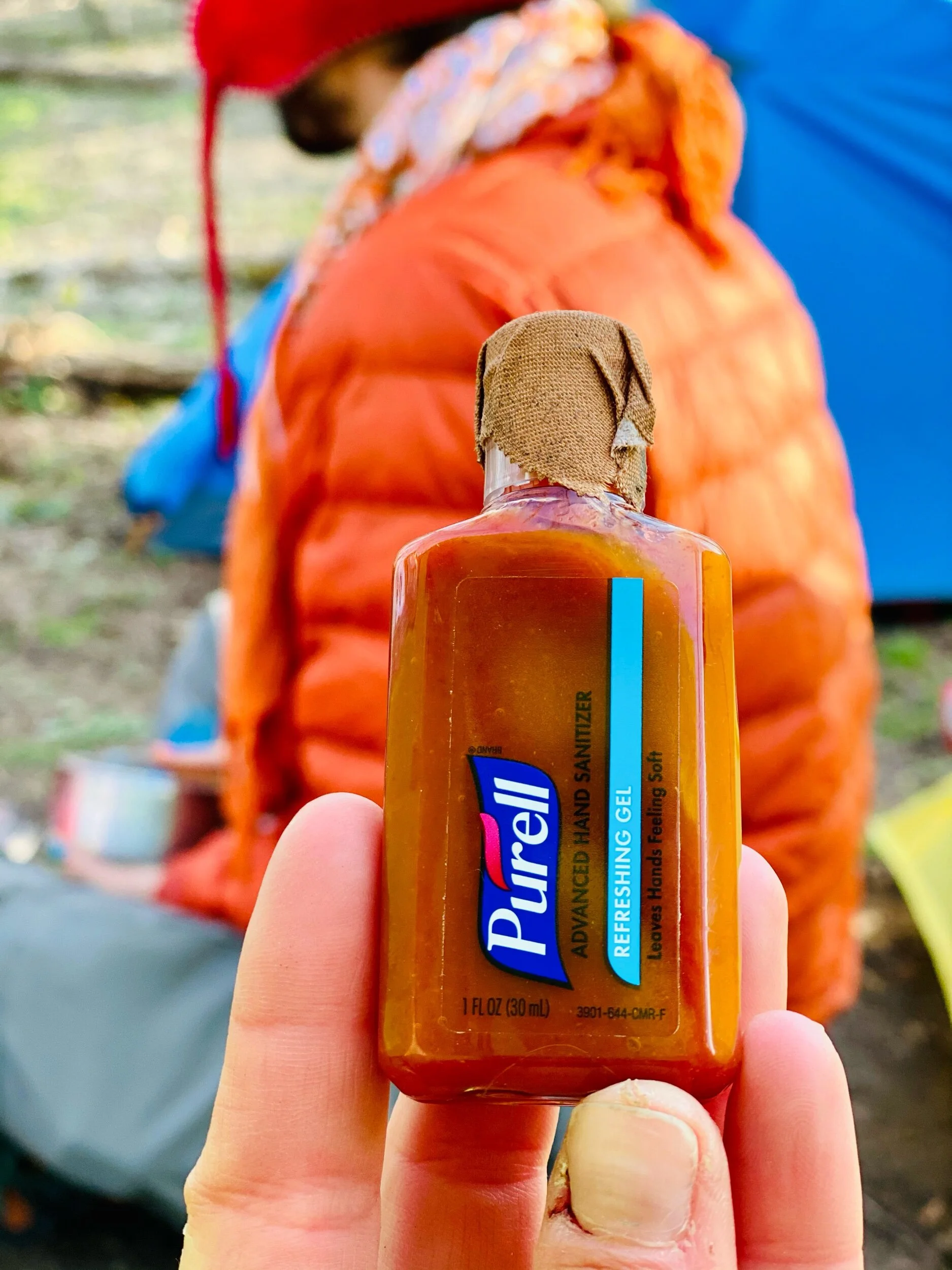 Sriracha sauce packed out in an empty Purell container, epic idea Pam!