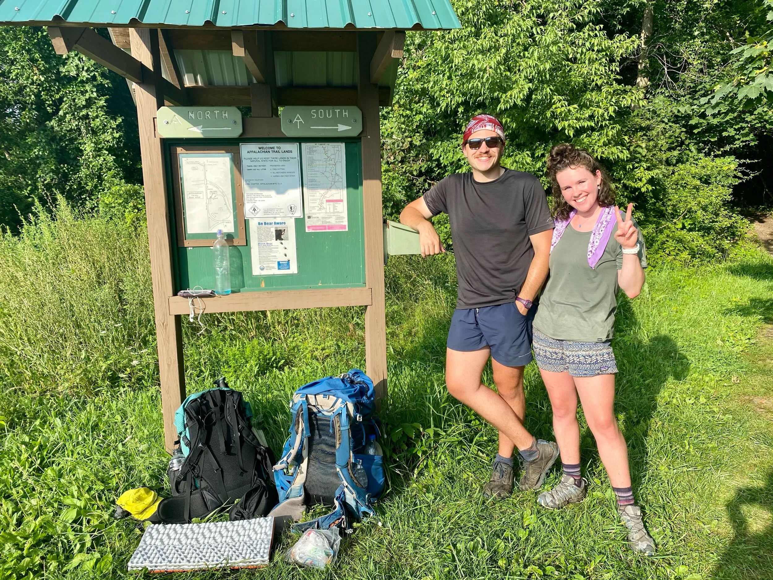 Southbound (SOBO) thru hikers start in Maine and head for Georgia starting in late June to early August. There are 200 of them to our 2,000-ish, who are hiking Northbound. A SOBO hike is more physically demanding, as it begins with the 2 most difficult states and allows for less overall time to finish with the snowfall that will cover the Smokies after Thanksgiving, making them near impassable. There is a brief period where the NOBOs and the SOBOs intersect in New England, like meeting the quarterback from the rival football team, we exchange tactics from our already covered grounds. Pictured, are Hype and Oracle, rooting for them!