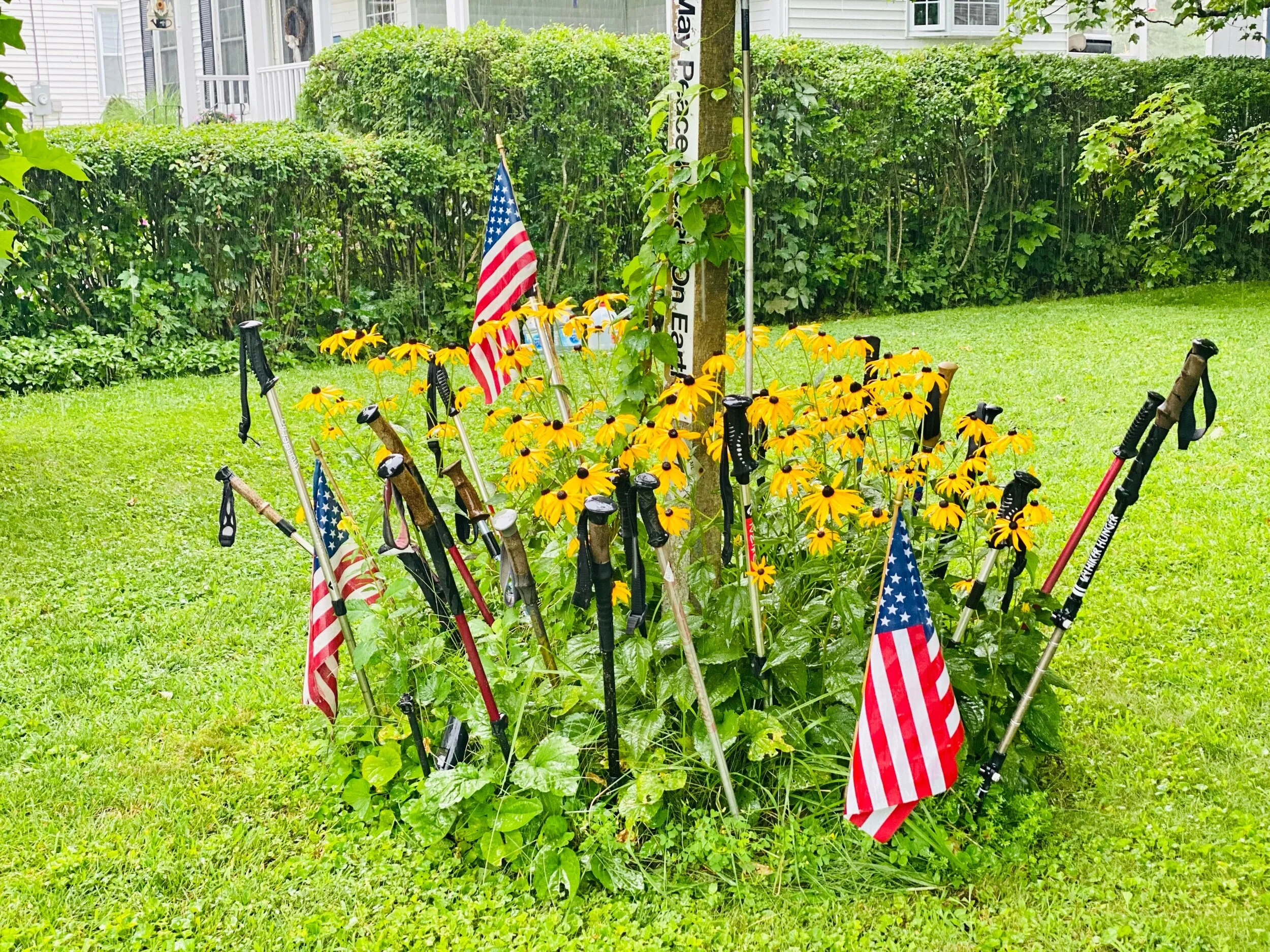 The notorious yard of Tom Levardi, garnished with trekking poles. Tom hosts hikers for free on his lawn, providing charging stations and complimentary coffee and donuts in the morning.