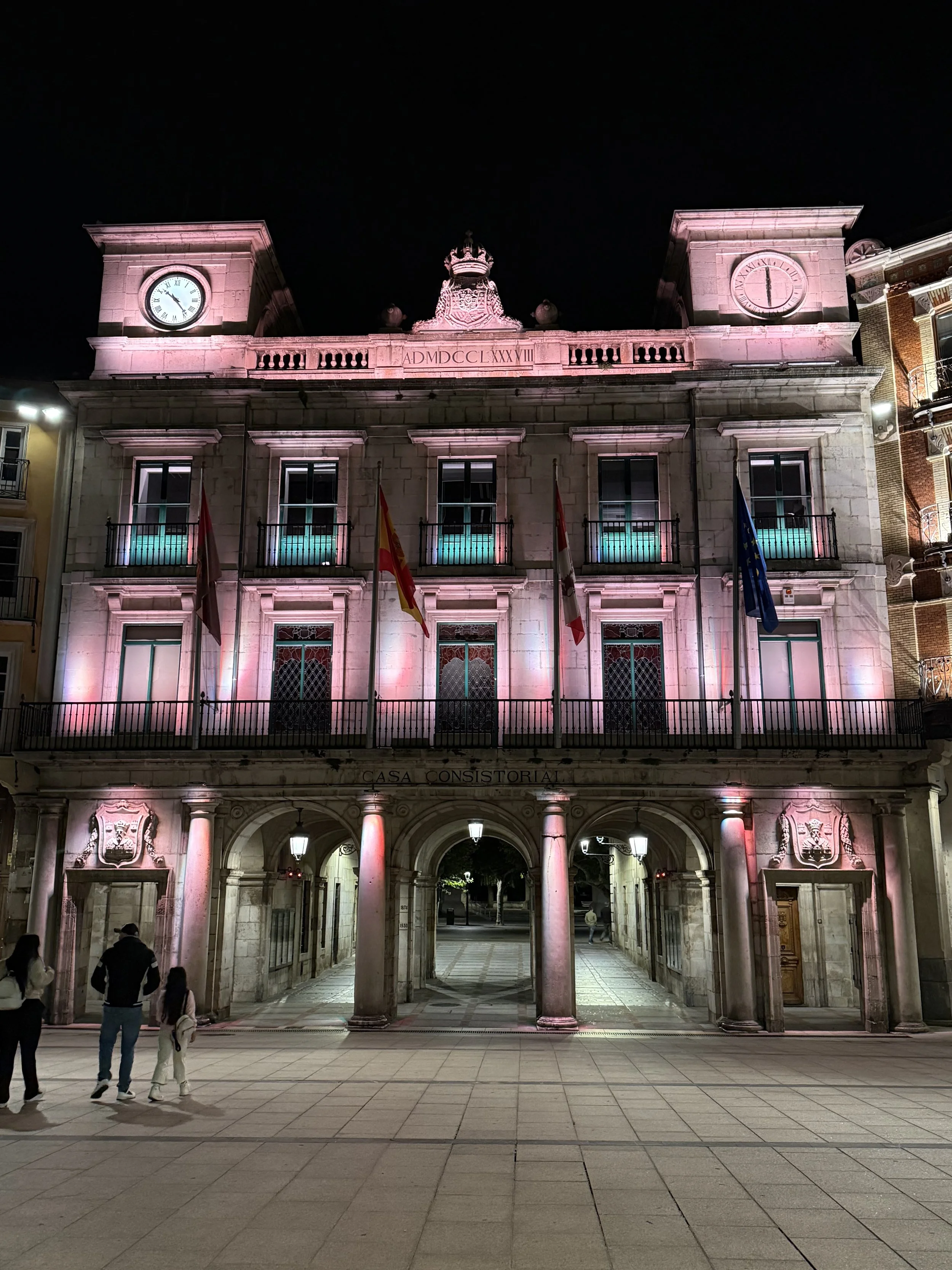 Pink lit Spanish building