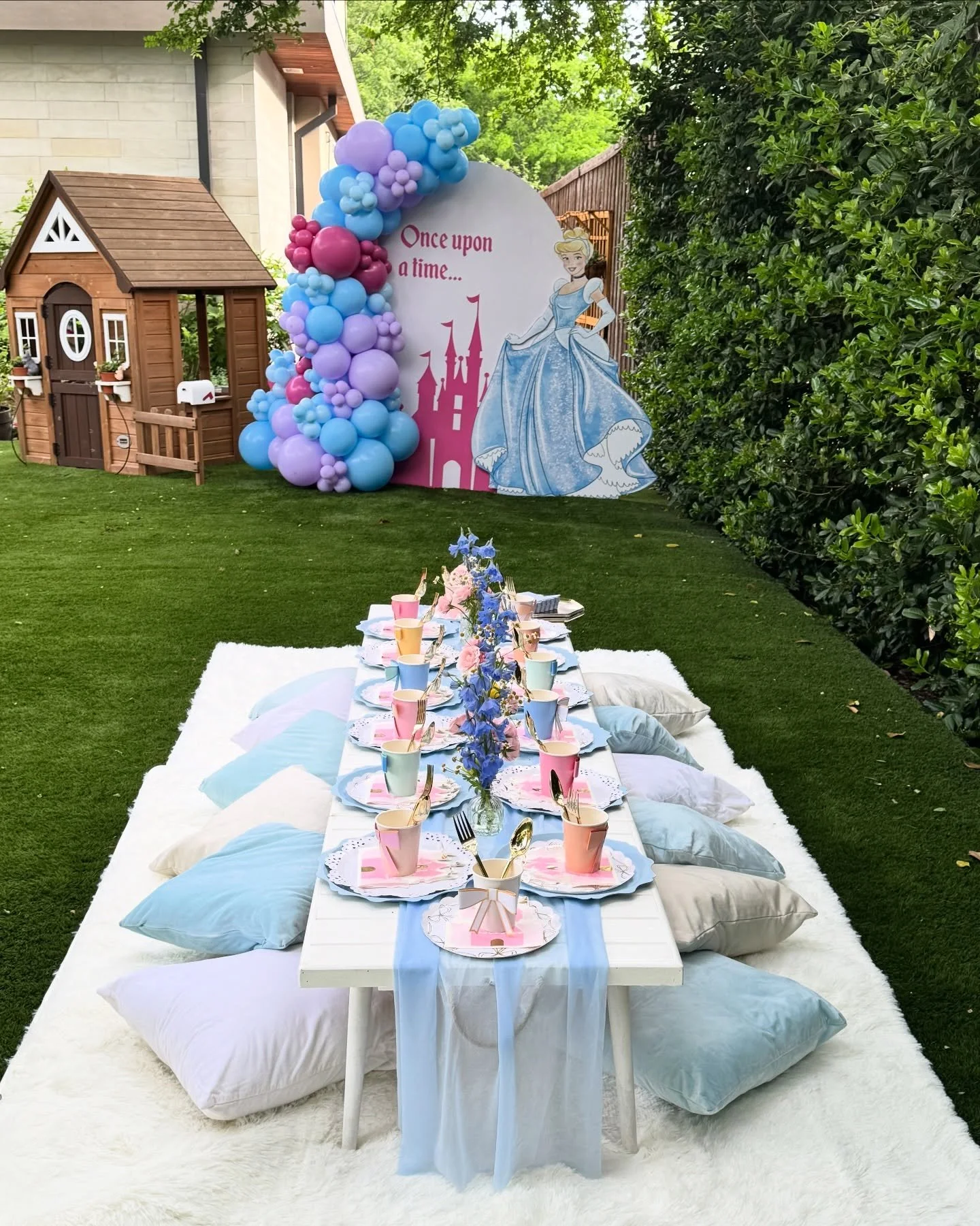 A picnic fit for a princess 👑&nbsp;We loved designing this custom Cinderella picnic! It included:

🧺&nbsp;Picnic setup + styling
🎈&nbsp;Balloons + backdrop by @thepartyontheyard
💐&nbsp;Fresh florals by @neighborhood_florist 
🩵 Lounge furniture f