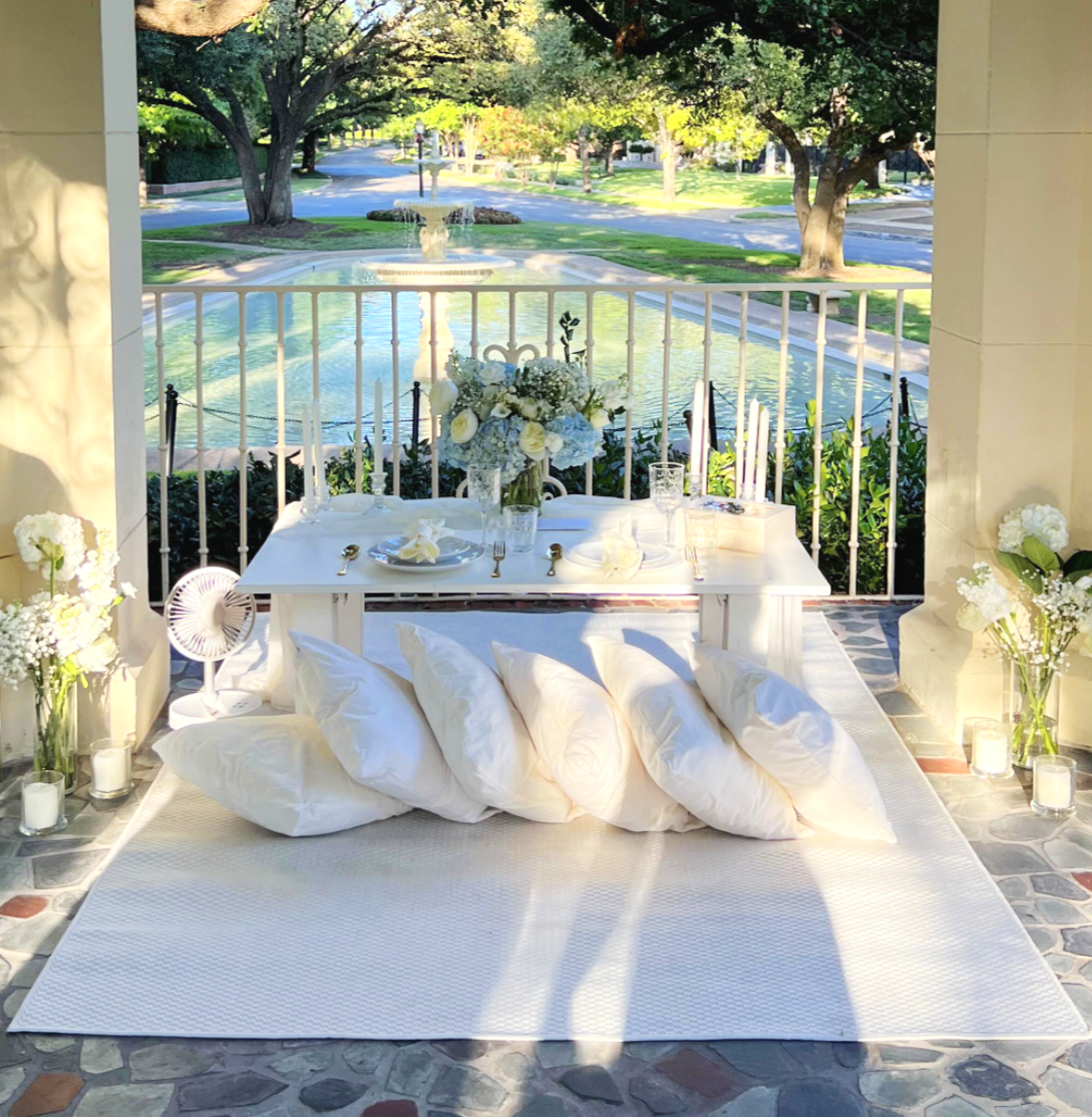 White and blue luxury proposal picnic in Dallas, TX, styled by Wanderlust Picnics