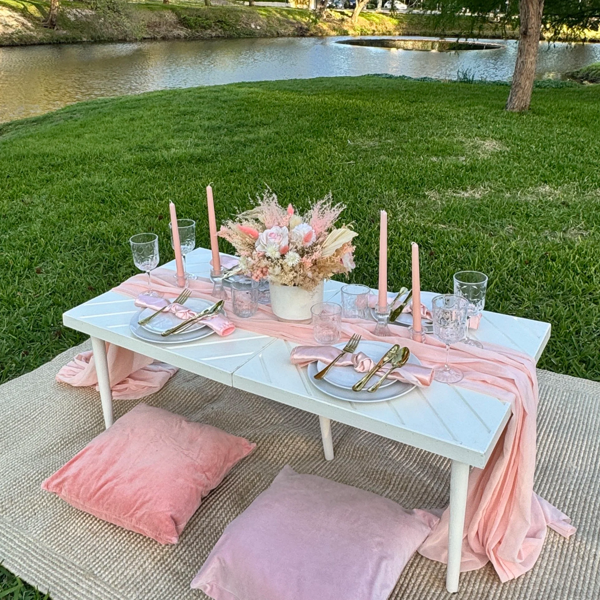 A boho pink picnic in the park, styled by Wanderlust Picnics