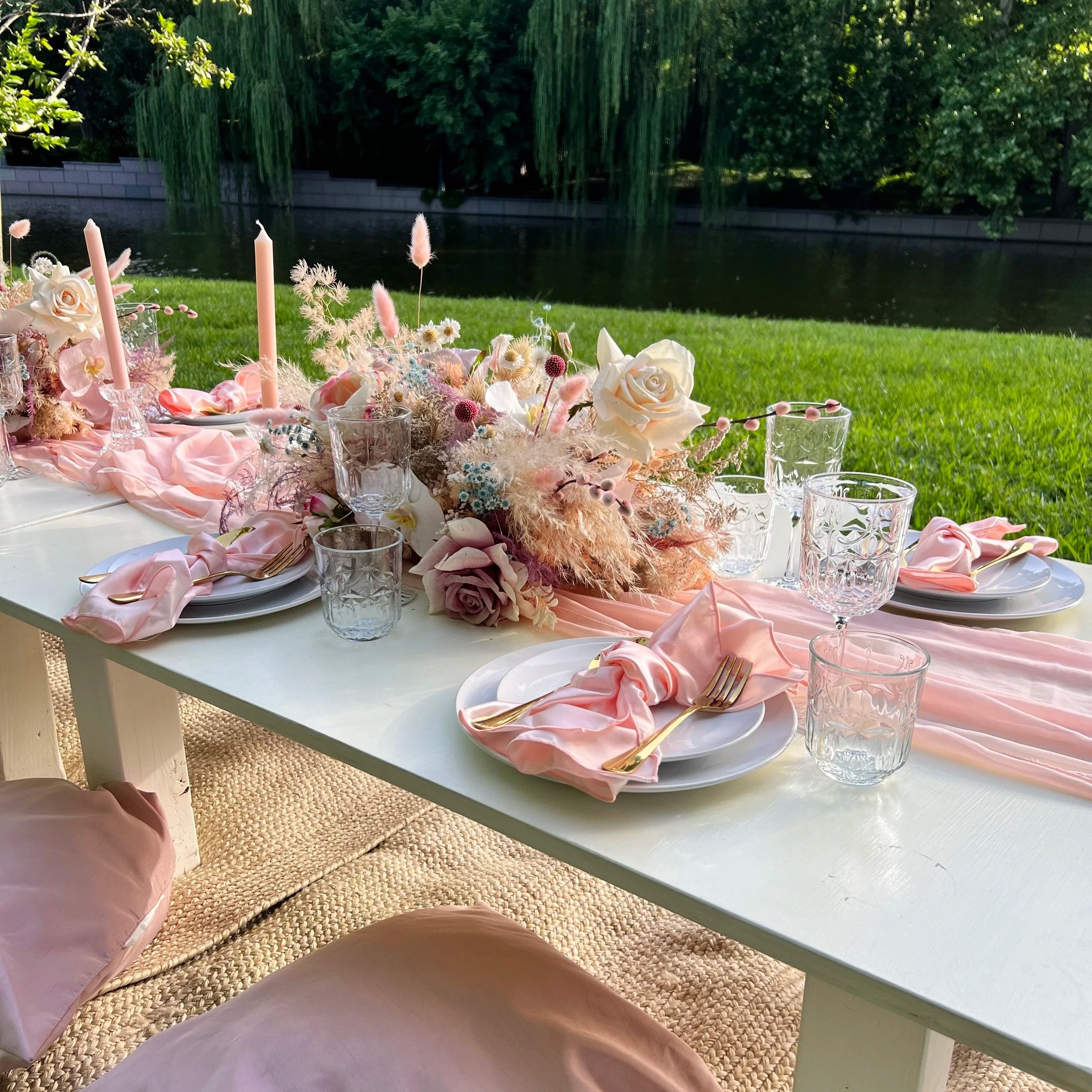 Pink floral pop-up picnic styled by Wanderlust Picnics in DFW