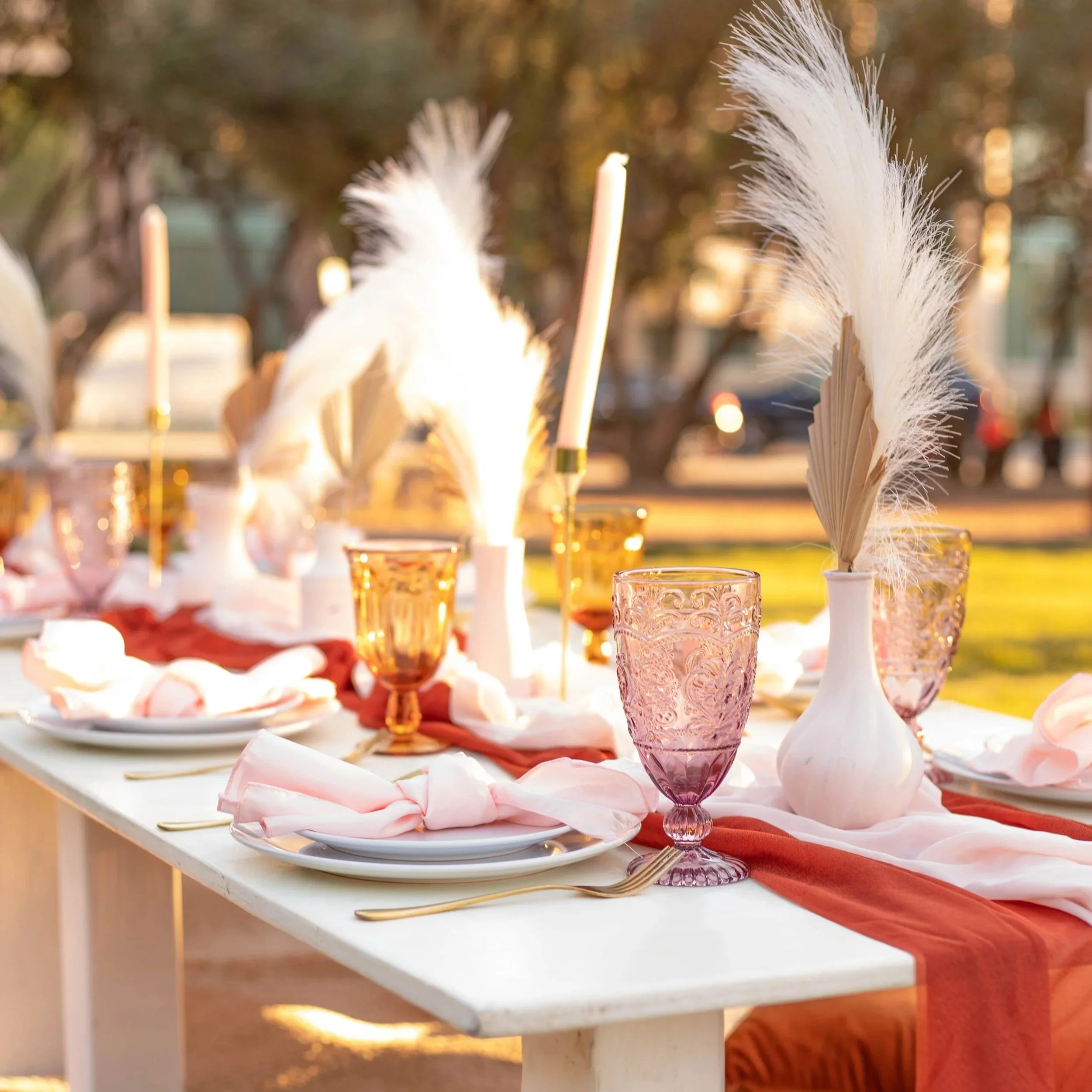 An outdoor picnic table in Dallas styled with auburn and blush pink accents, as created by Wanderlust Picnics