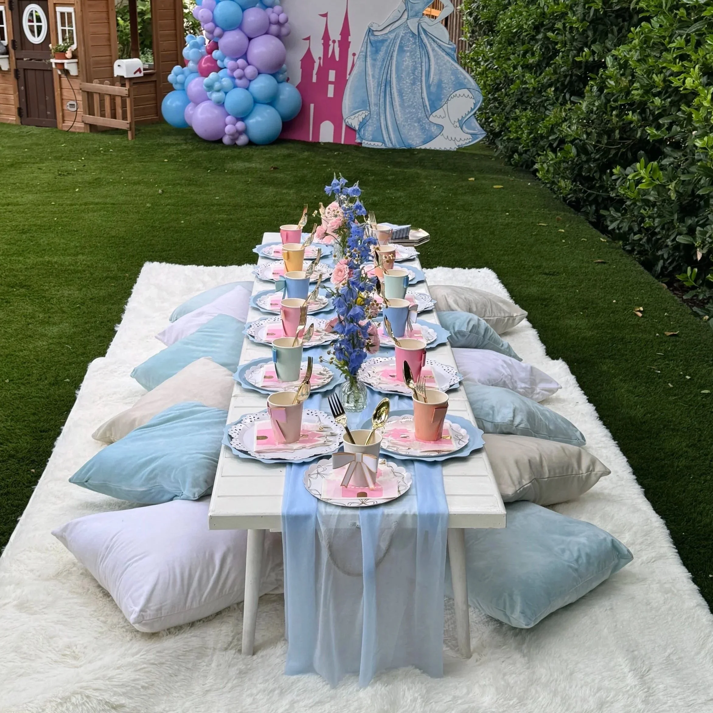 Blue and white Cinderella-themed kids picnic in Dallas, TX, styled by Wanderlust Picnics