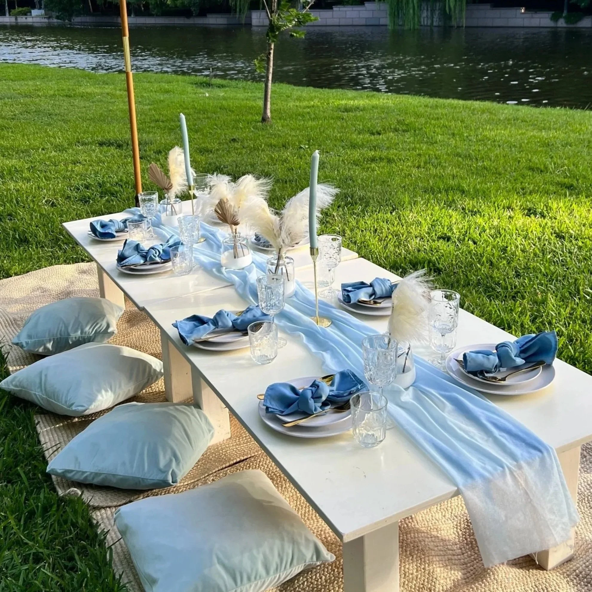 Blue boho pop-up picnic styled by Wanderlust Picnics in DFW