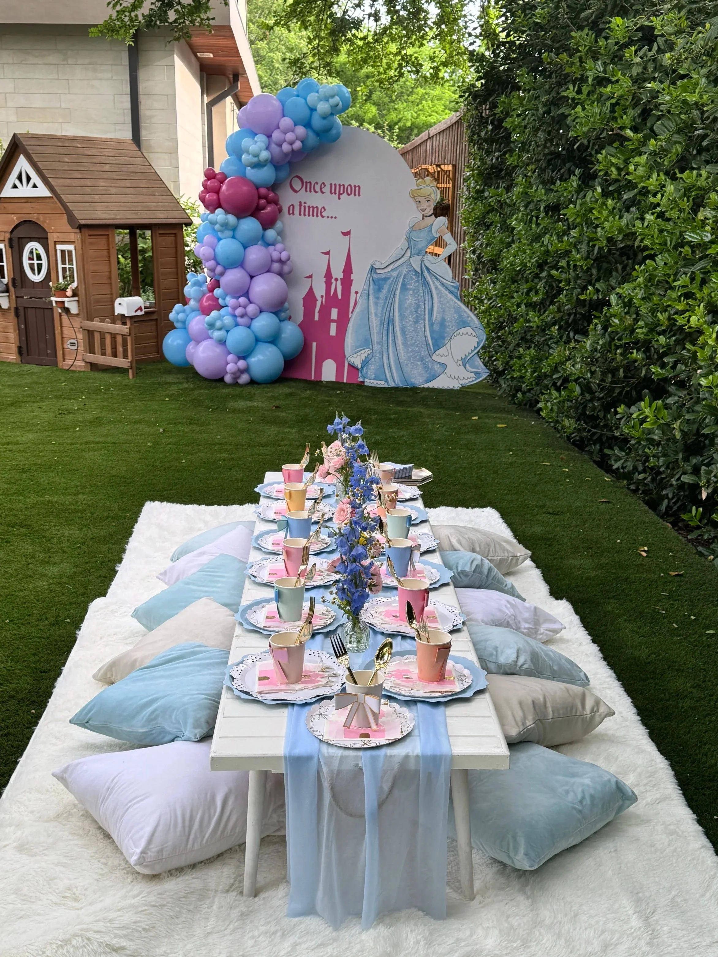 Custom Cinderella-themed picnic for kids birthday party in Dallas, TX, styled by Wanderlust Picnics