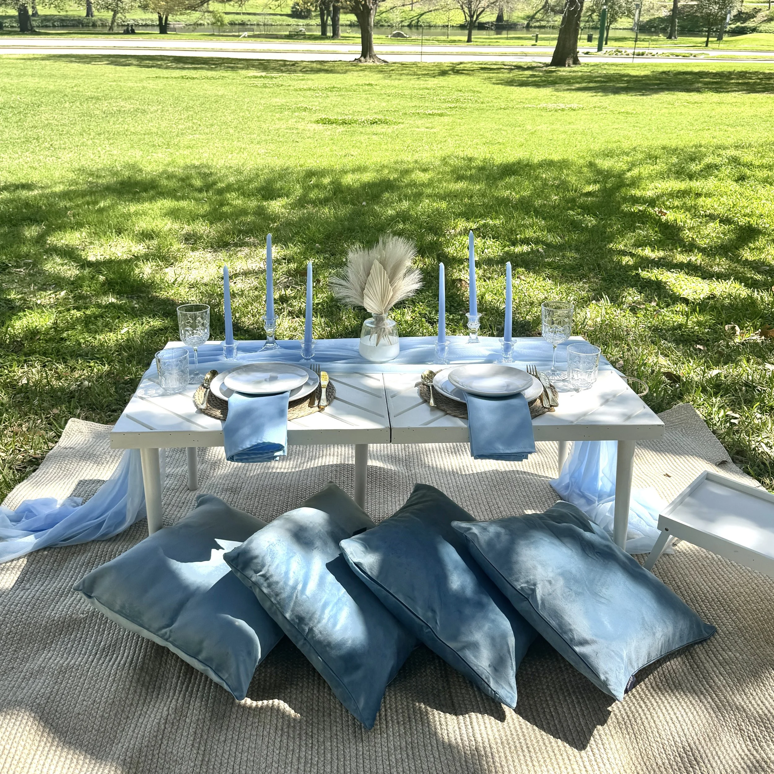 A blue boho picnic in Dallas, TX styled by Wanderlust Picnics