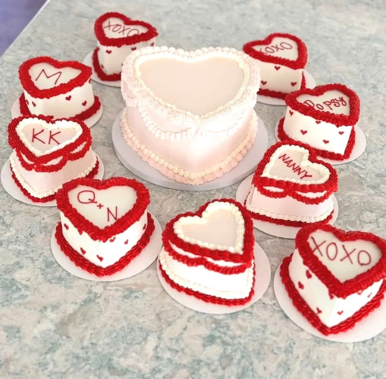 Heart-shaped cakes designed by D + V Baking Co. in Dallas