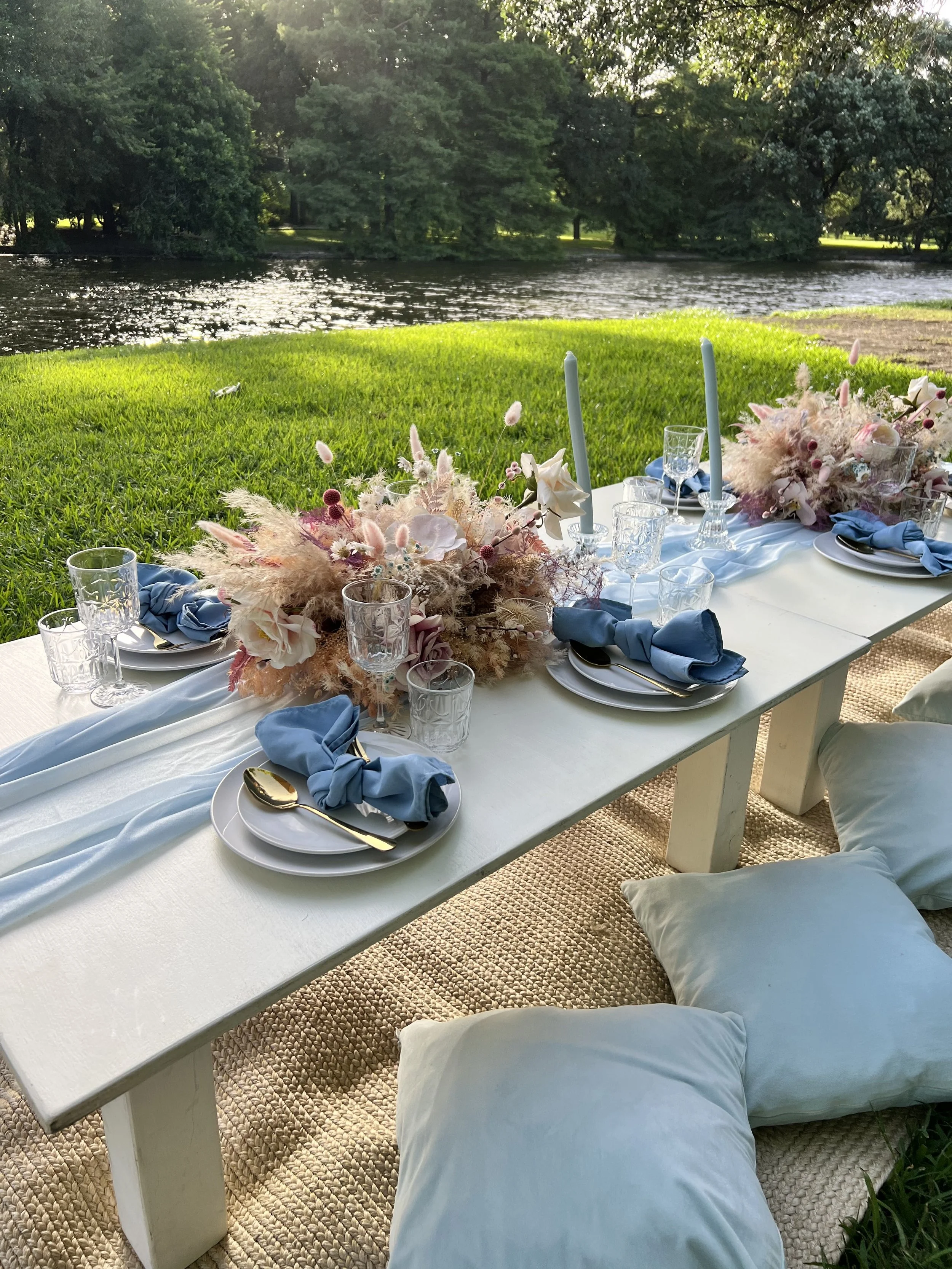 Blue floral pop-up picnic styled by Wanderlust Picnics in DFW