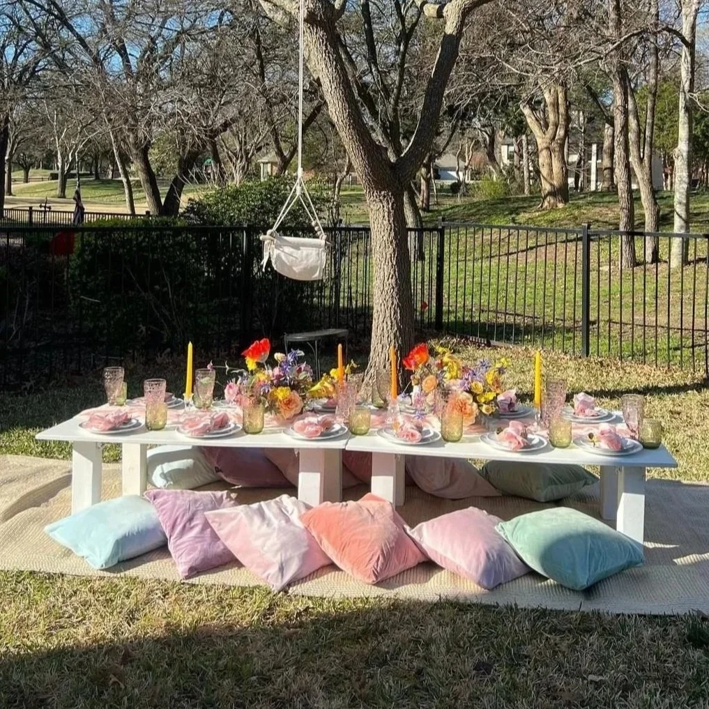 Colorful floral pop-up picnic styled by Wanderlust Picnics in DFW