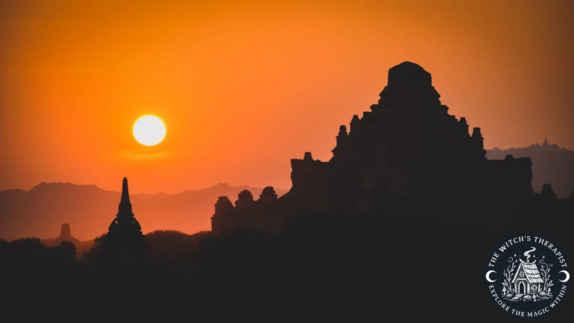 a golden sunset against a backdrop of a temple in a forest | The Witch's Therapist in London Ontario