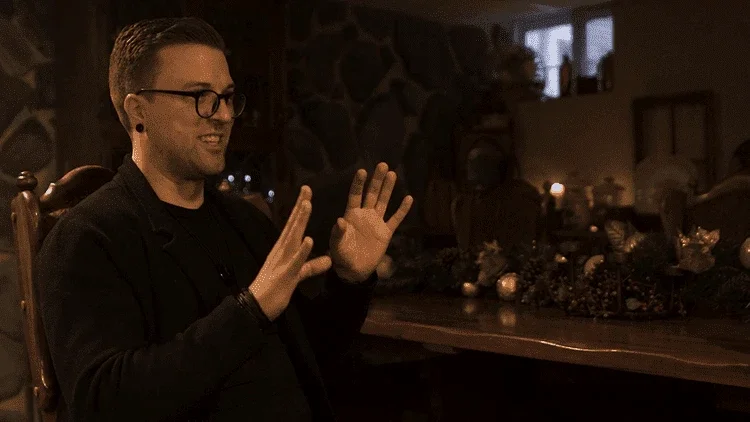 Andrew at The Witch’s Therapist being interviewed for an upcoming documentary about men’s circles.