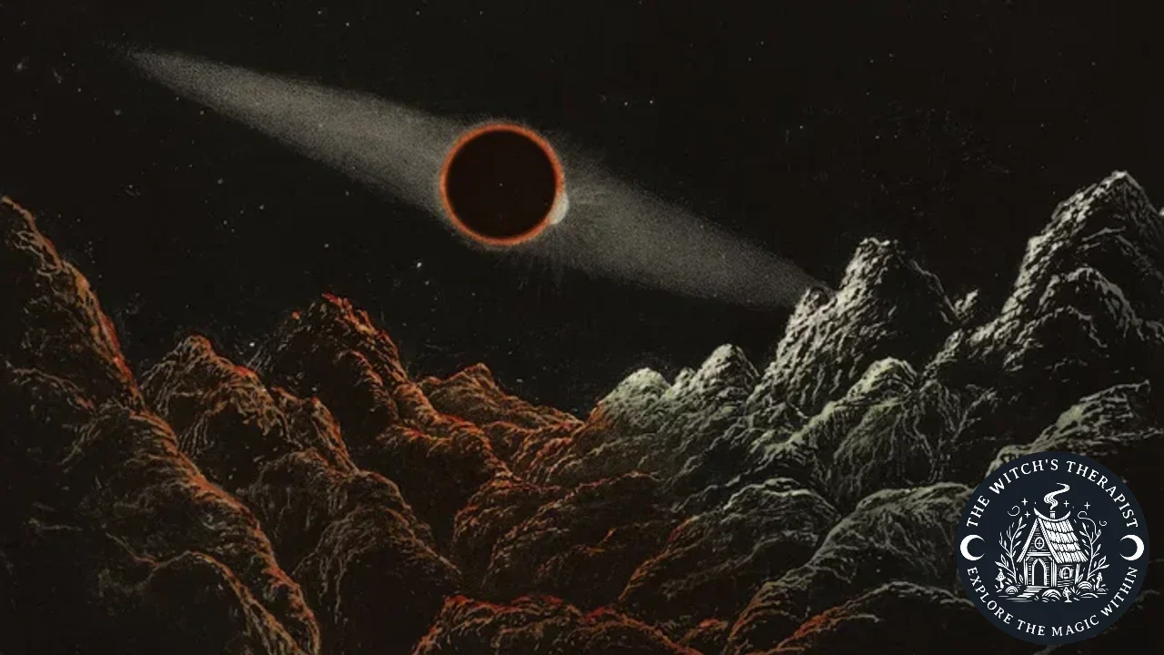 an artist's rendition of an eclipse against the mountains