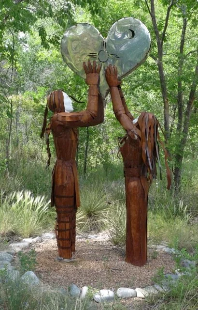 "LOVE", Hand Fabricate Welded Steel and Stainless Steel Figures of a Man and a Woman, Holding Up a Heart. 9'Tall