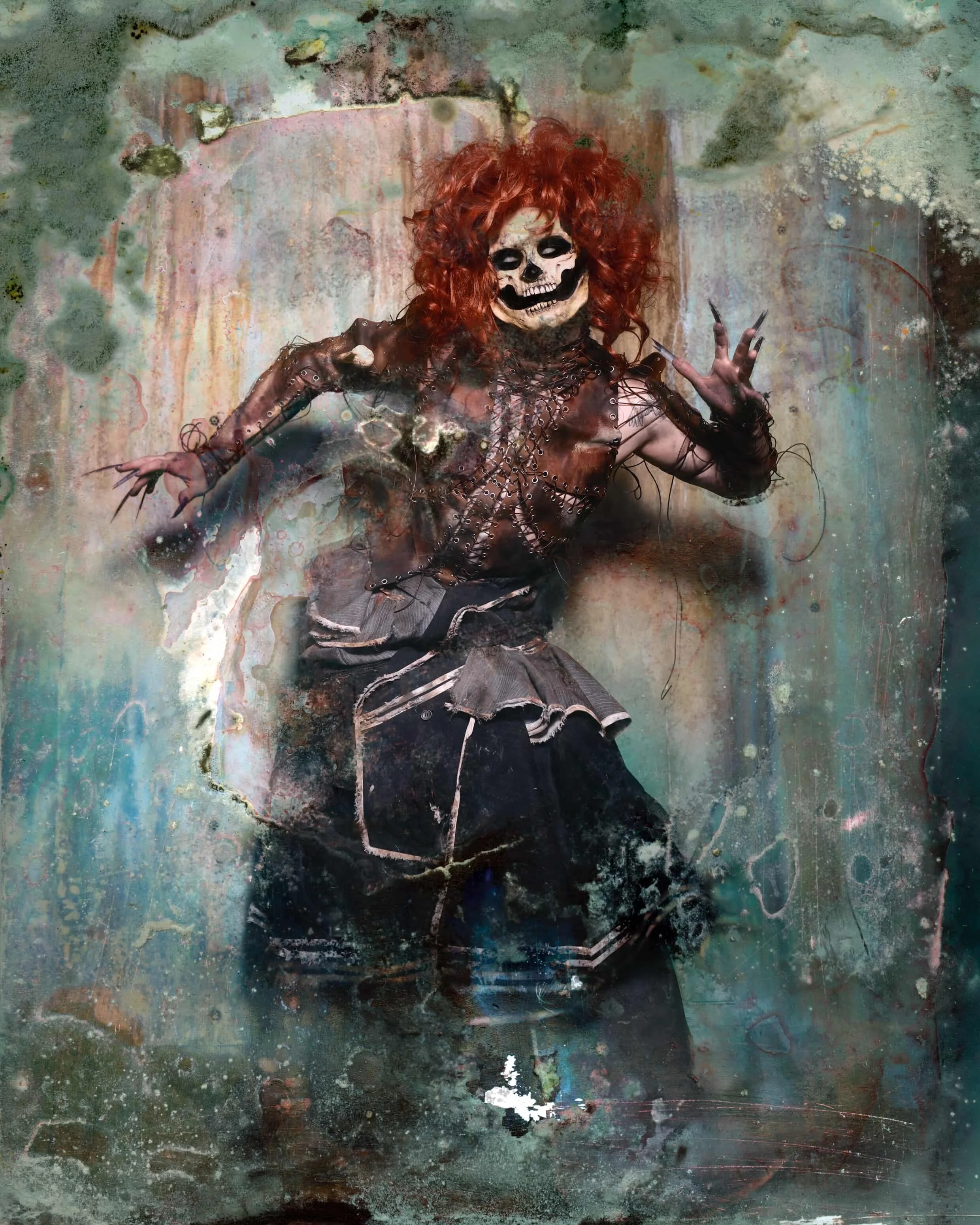 Van Goth in custom panelled lace up top and layered suiting skirt