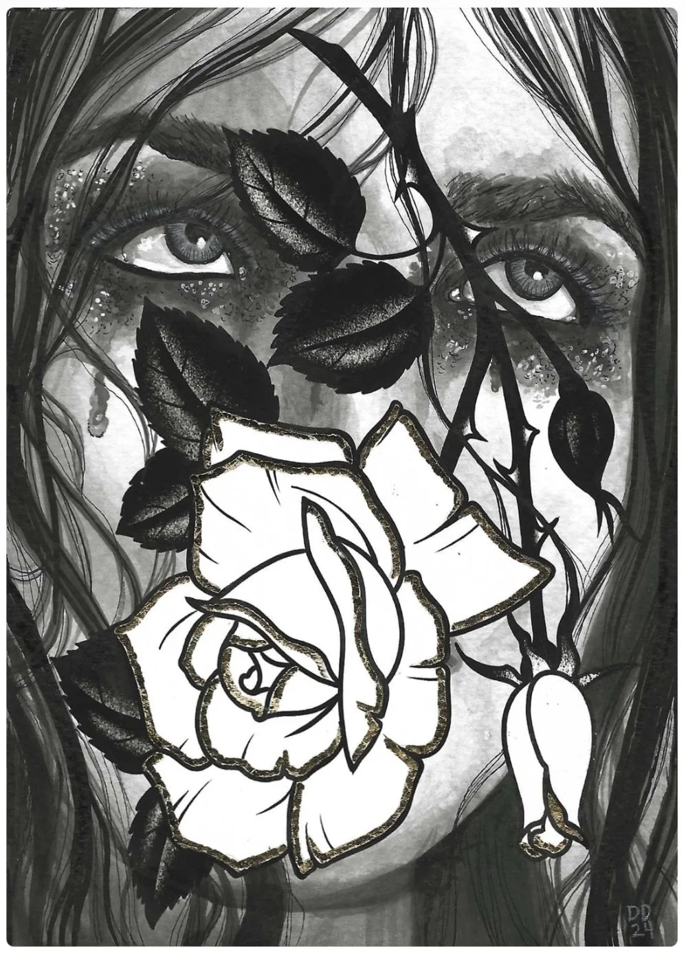 "Daphne"
5"x 7"
Watercolor, ink, and gold leaf on Arches Cold press paper, 2024.
For @rosevariationsproject
Click on image to purchase