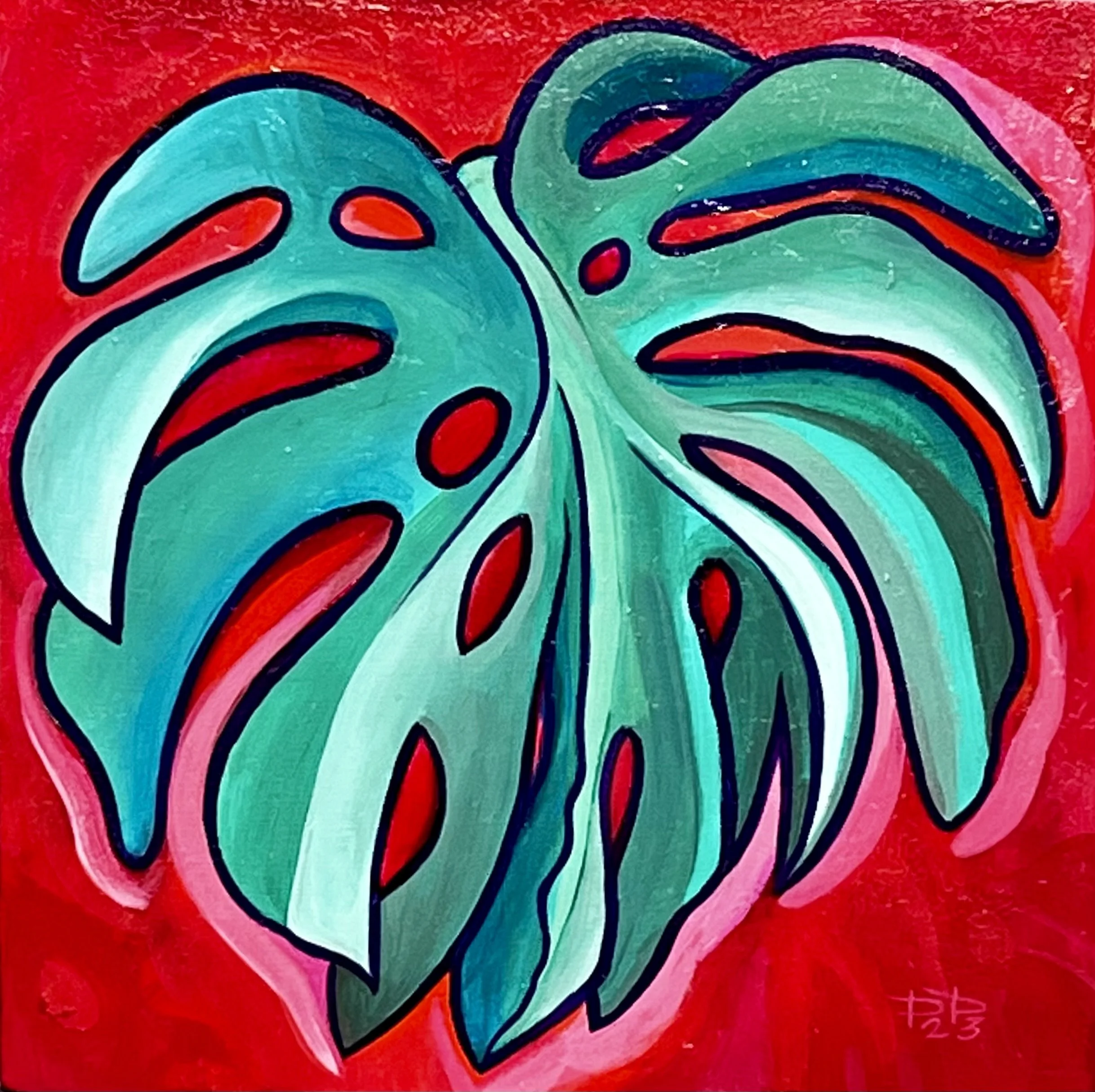 Monstera Red, 6x6", acrylic on wood panel, 2023. Prints available (click on image)