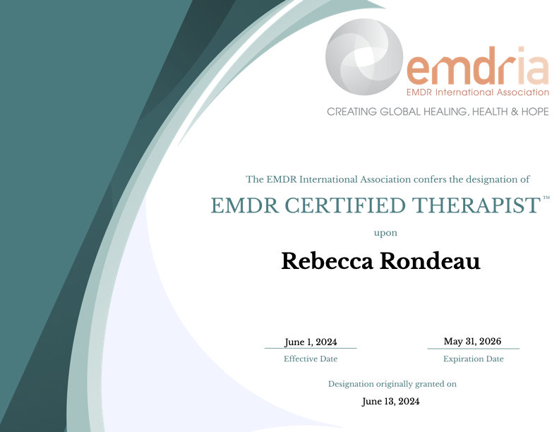 Image of Rebecca's EMDRIA certification as a certified EMDR therapist