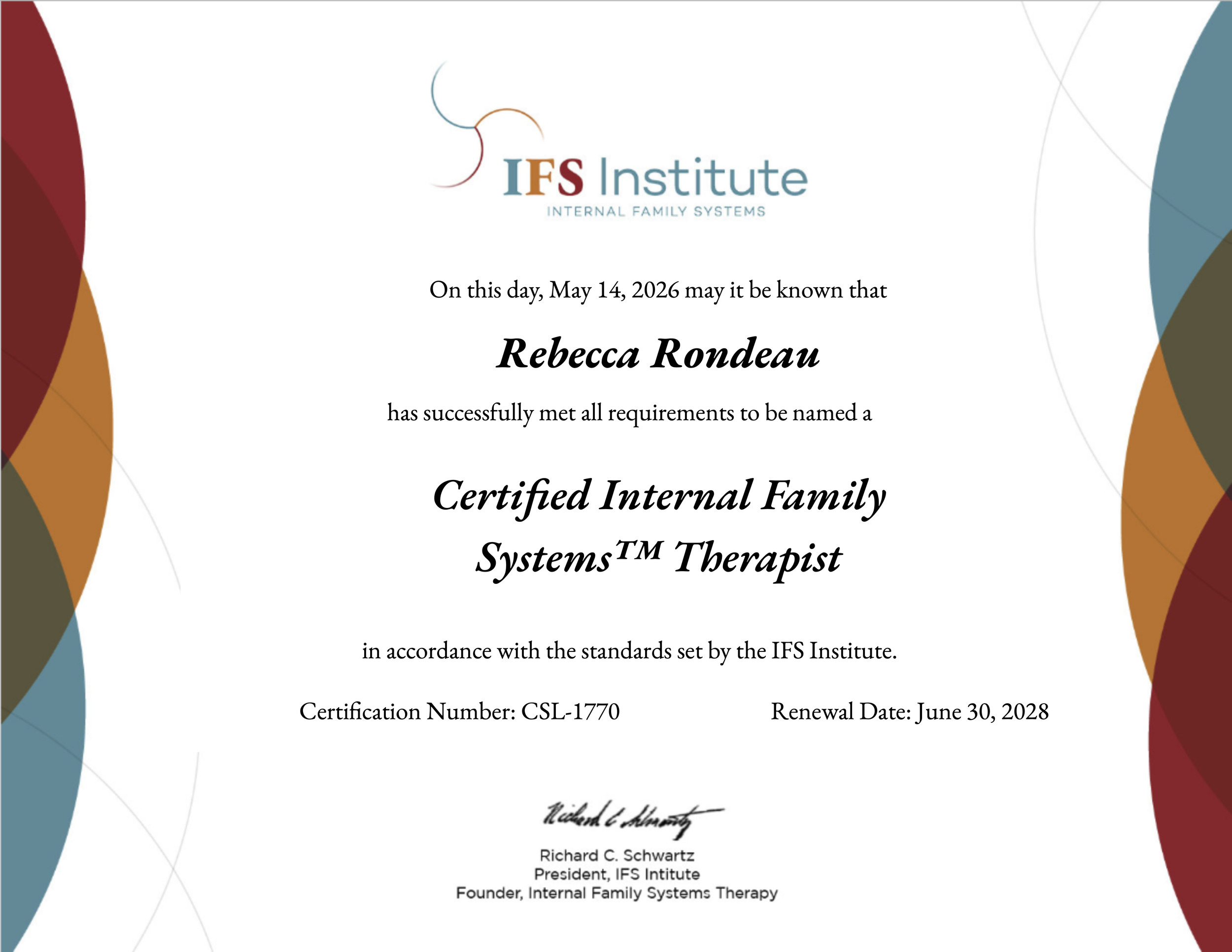 Image of Rebecca Rondeau's Certification as an IFS Therapist through the Internal Family Systems Institute