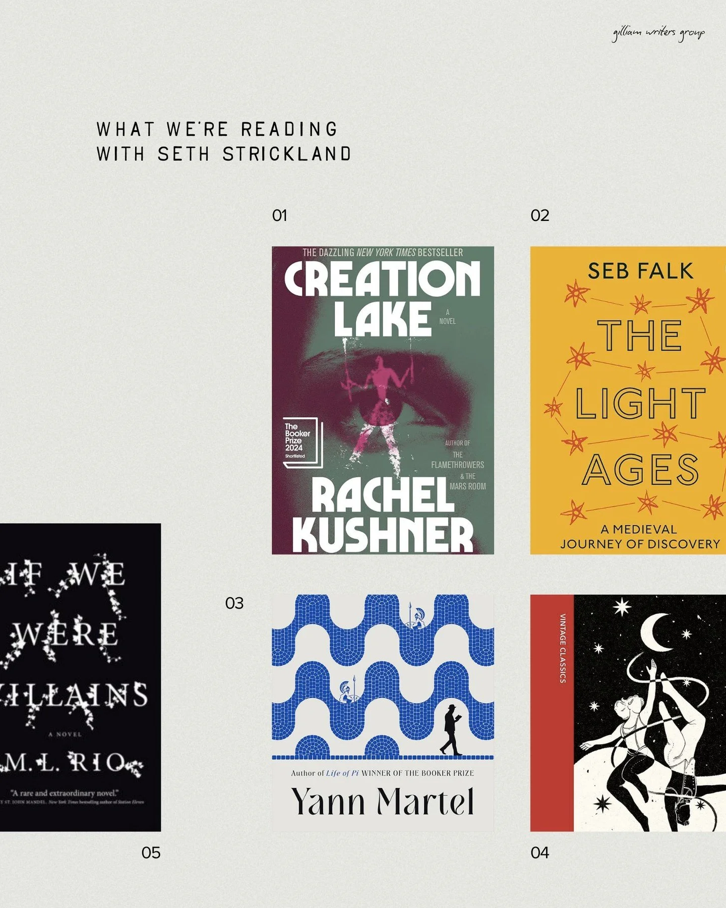 Because you can't spell writer without list-of-recs-a-mile-long... 😅

Here are a few books writing coach Seth Strickland can't stop thinking about:
Creation Lake by Rachel Kushner
The Light Ages by Seb Falk
Son of Nobody by Yann Martel
The Night Cir
