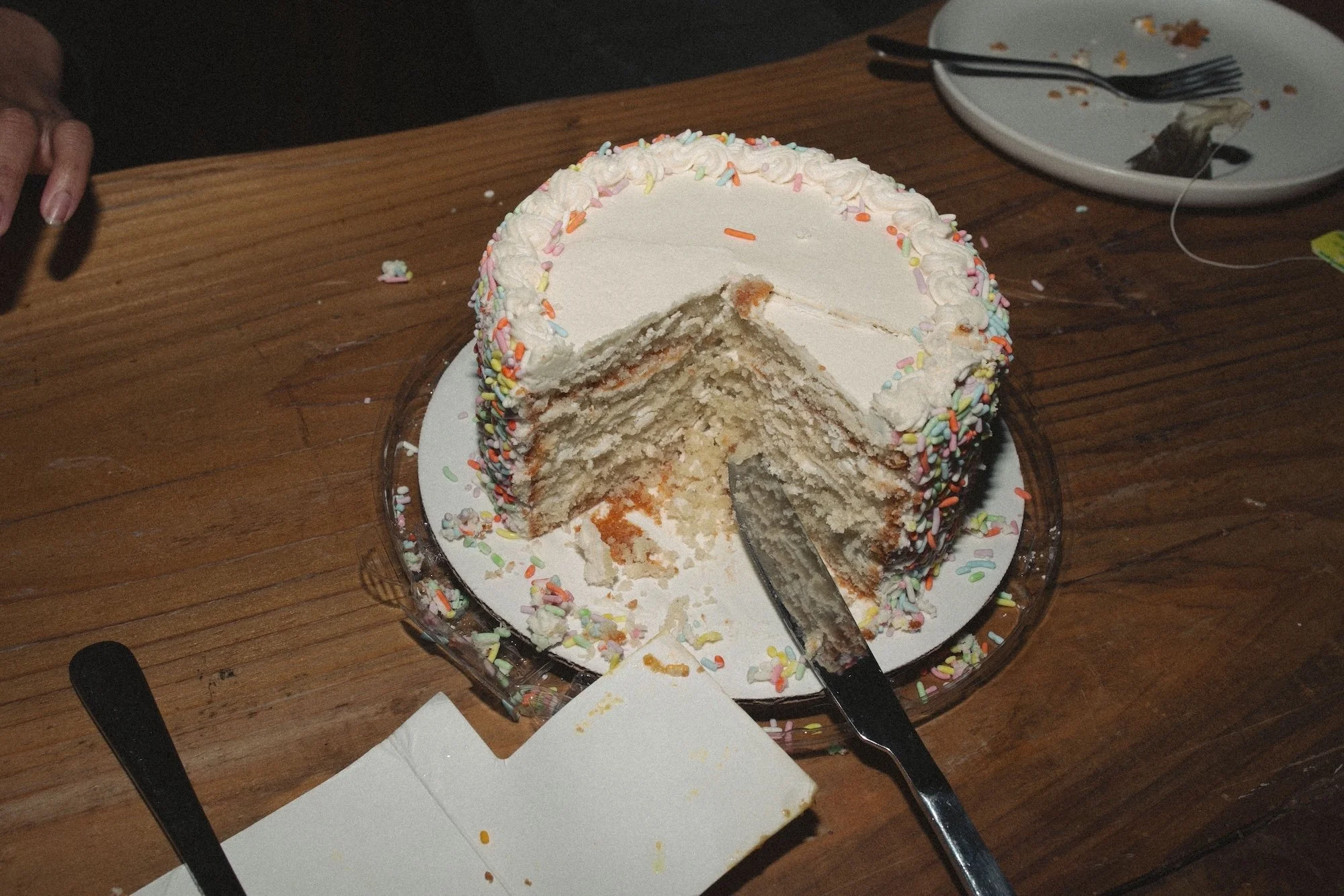 A homemade layer cake with pastel sprinkles, sliced at a retreat celebration.