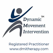 Logo for Dynamic Movement Intervention featuring a stylized person in motion, with text indicating it is a registered practitioner and displaying the website www.dmtherapy.com