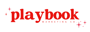 Playbook Marketing Co. logo with red text and sparkles
