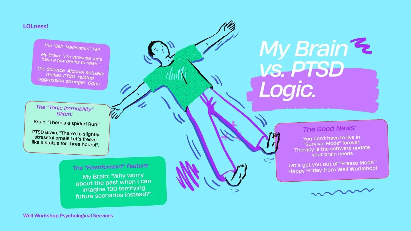 If your brain feels like it&rsquo;s running on a 1998 dialup connection during a conflict, you&rsquo;re not alone. Yes PTSD &ldquo;logic&rdquo; is real, but so is recovery.

#LolnessFriday #PTSDHumor #FreezeResponse #WellWorkshop #MentalHealthHumor