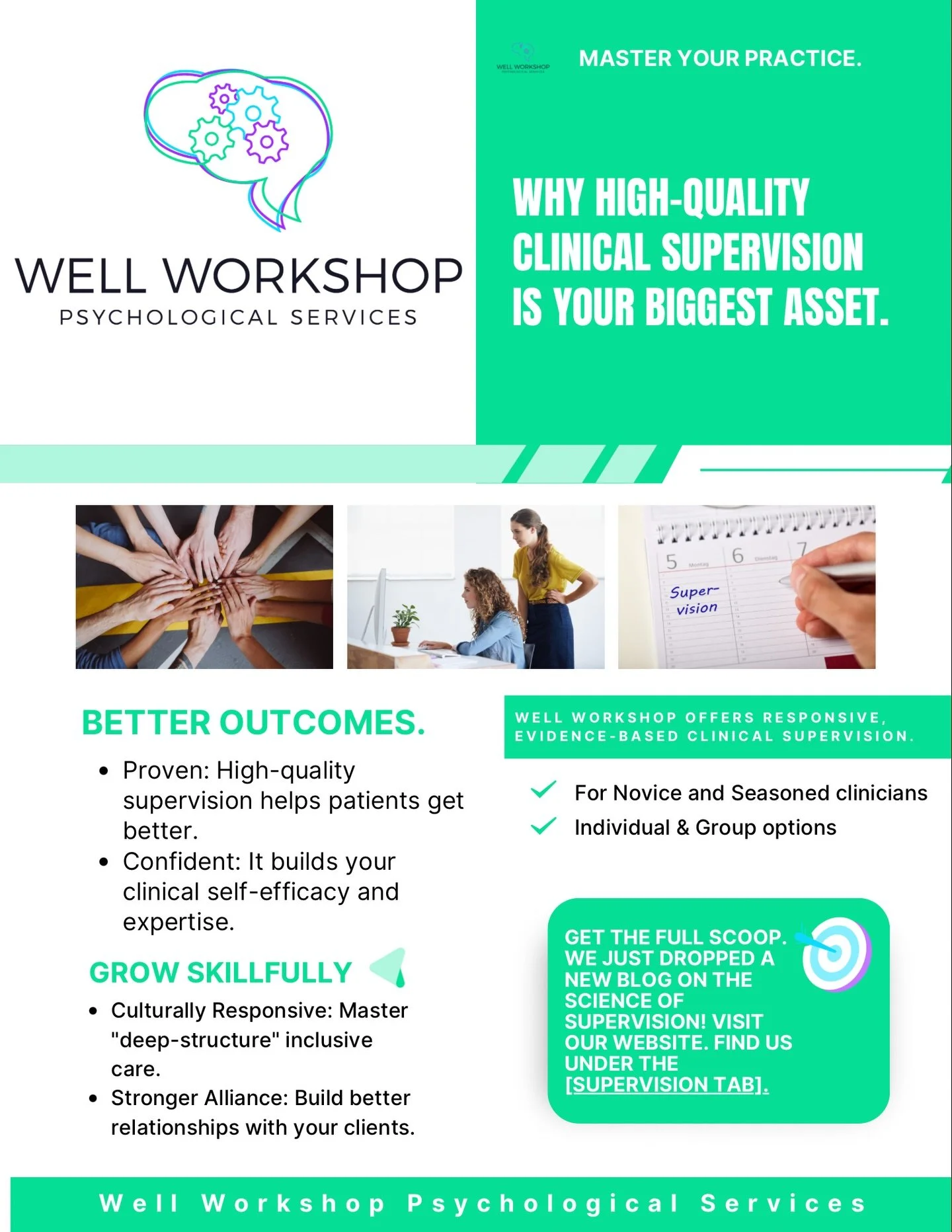 Ready to level up your therapy? 

Supervision is more than a &ldquo;checkbox&rdquo;, it is the secret to better client outcomes and professional growth.

At Well Workshop Psychological Services, we offer high-quality, culturally-informed clinical sup