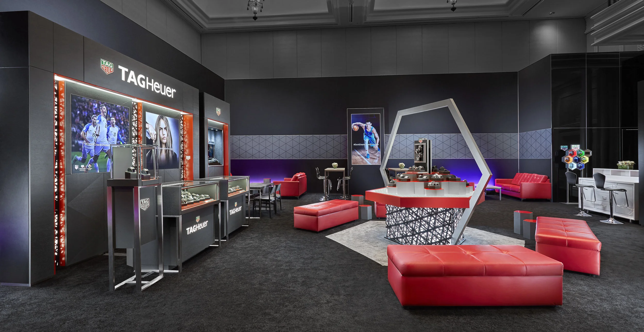 Interior photography of TAG Heuer exhibit inside Encore Hotel and Casino during Couture show in Las Vegas.
