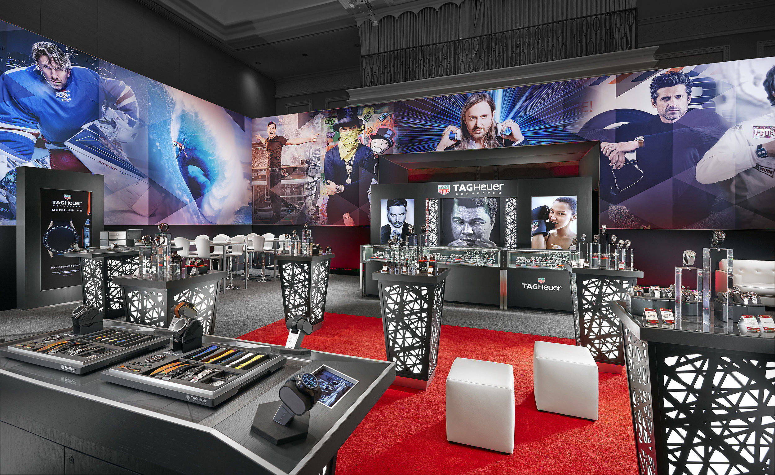 Interior photography of TAG Heuer exhibit inside Encore Hotel and Casino during Couture show in Las Vegas.