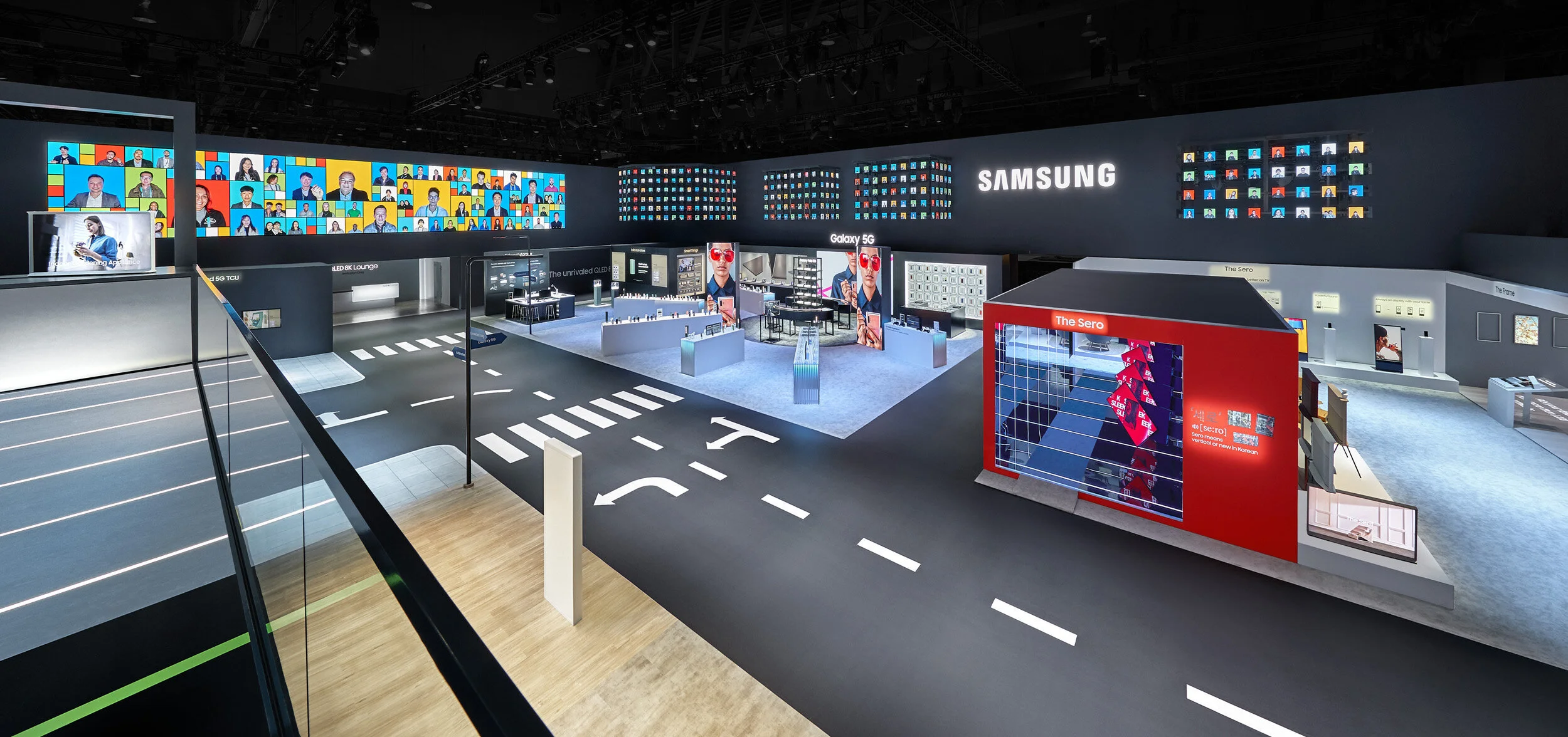 Wide-angle view of the Samsung exhibit booth at CES conference in Las Vegas.
