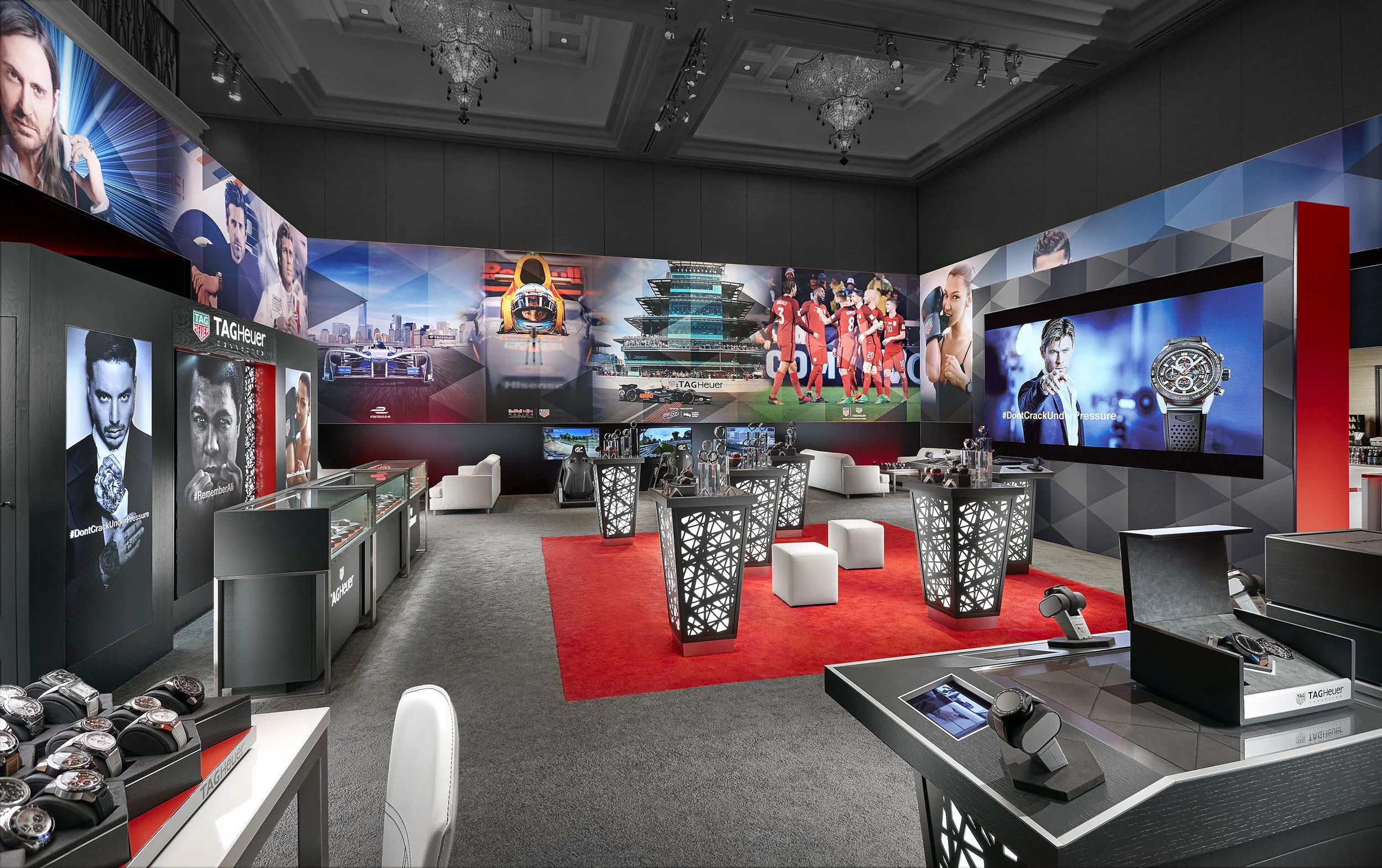 Interior photography of TAG Heuer exhibit inside Encore Hotel and Casino during Couture show in Las Vegas.