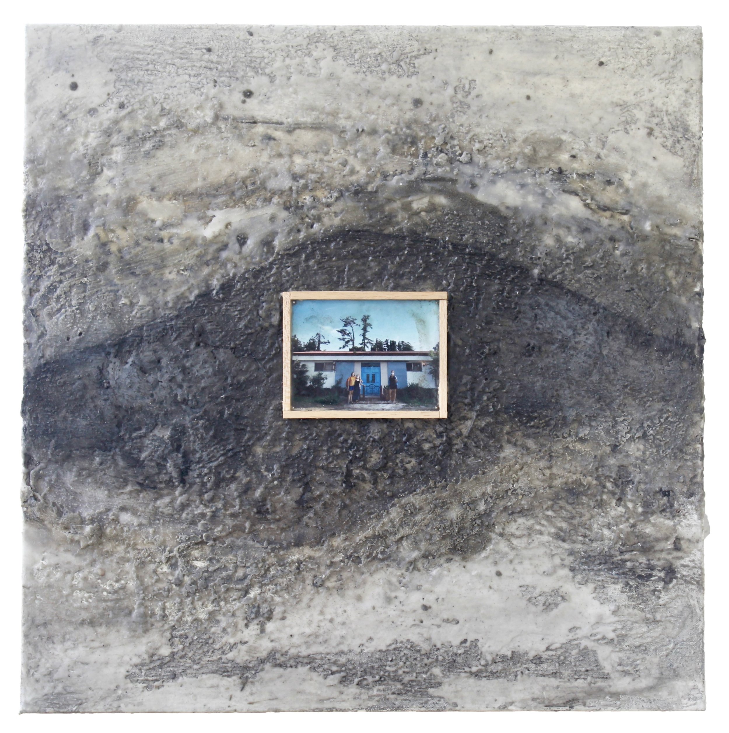 Old Clouds. Balsa wood framed photograph embedded into wax with acrylic and ink. 2023