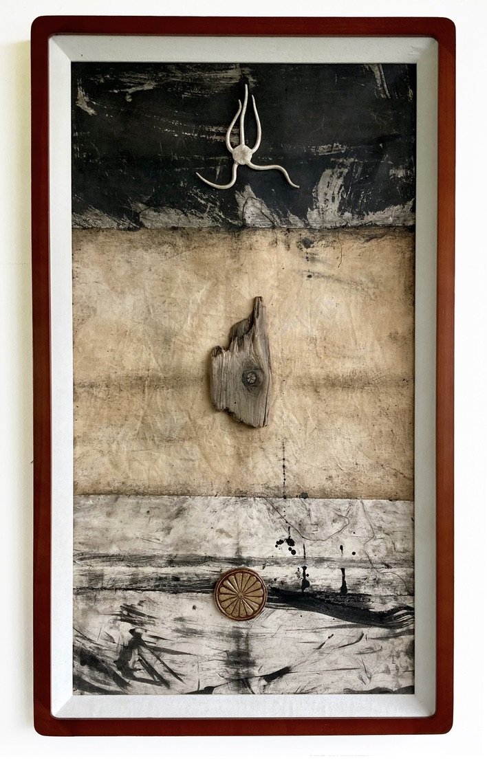 Within. Handmade ceramic tile and found objects on naturally dyed cotton cloth and inked paper; sealed with beeswax and sand. 2022