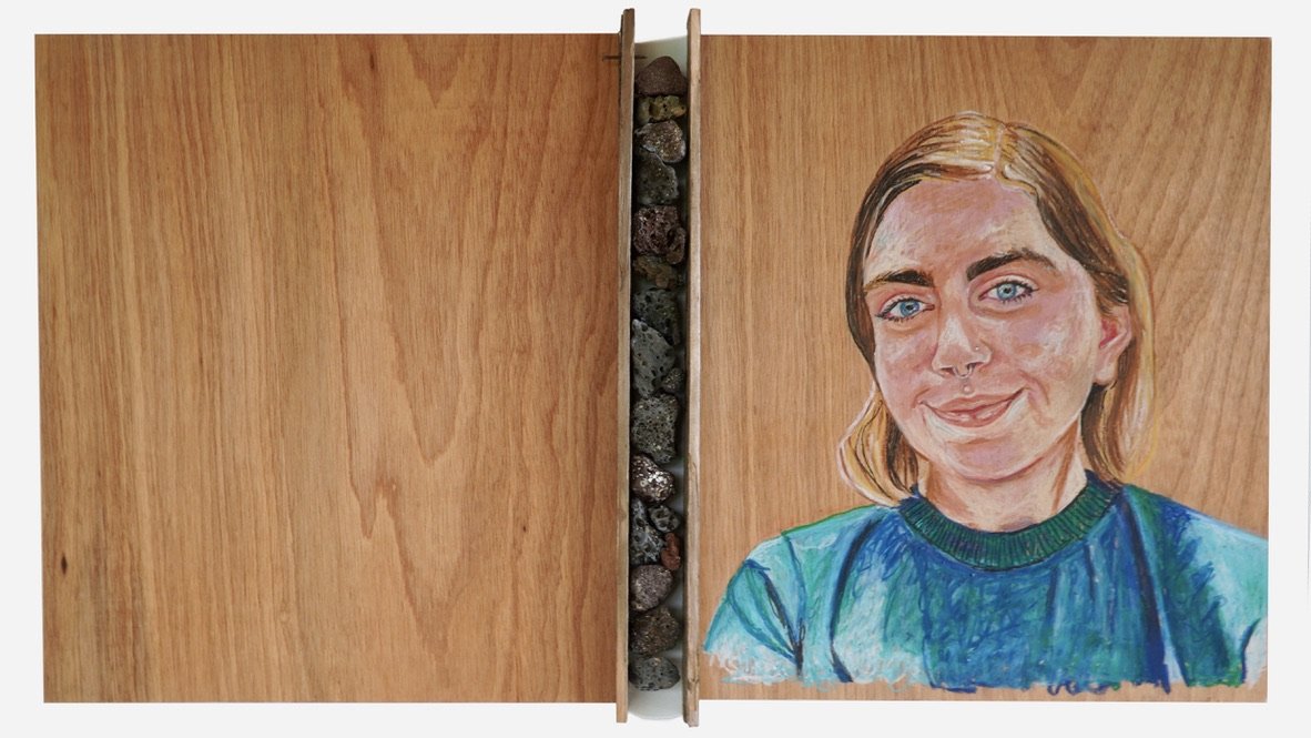 Here. Oil pastel on wood with found objects. 2022
Barriers are used for enclosing spaces, to keep people and things inside or outside. Here references barriers seen and unseen.