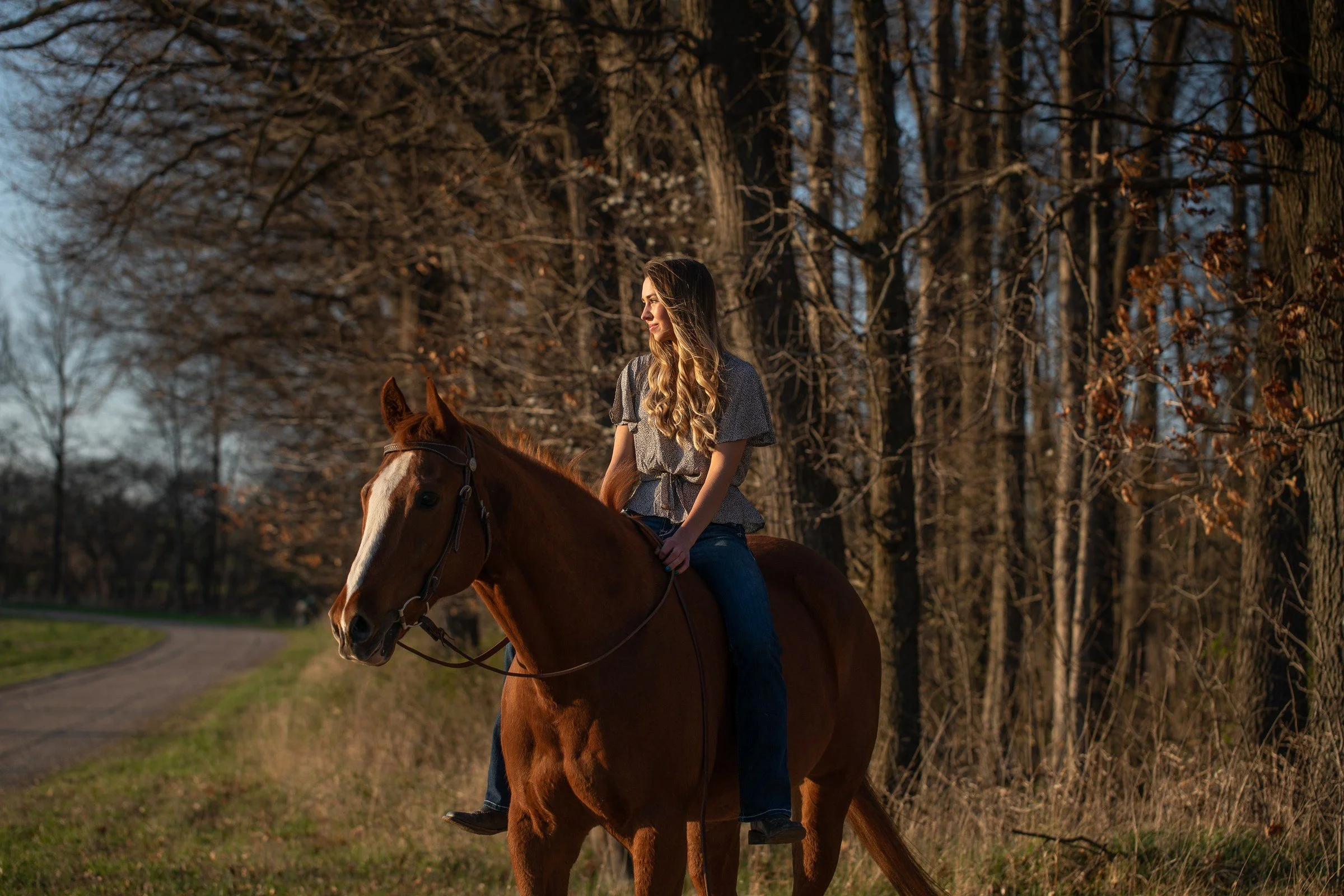 Woman riding a brown horse on a wooded trail in autumn, with trees and a clear sky in the background.