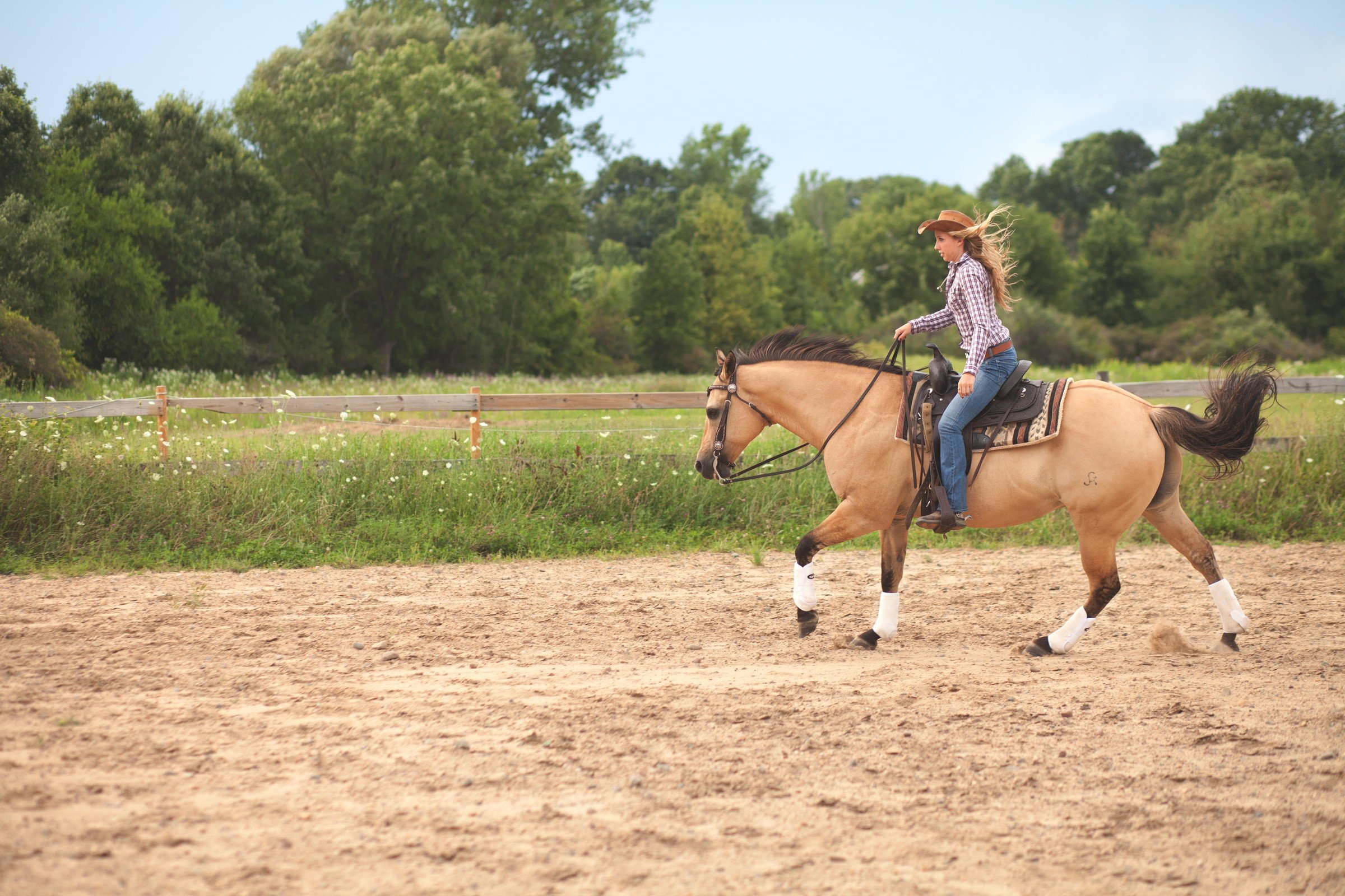 A woman riding a horse on a dirt track in a rural area with green trees and a wooden fence in the background, under a partly cloudy sky.