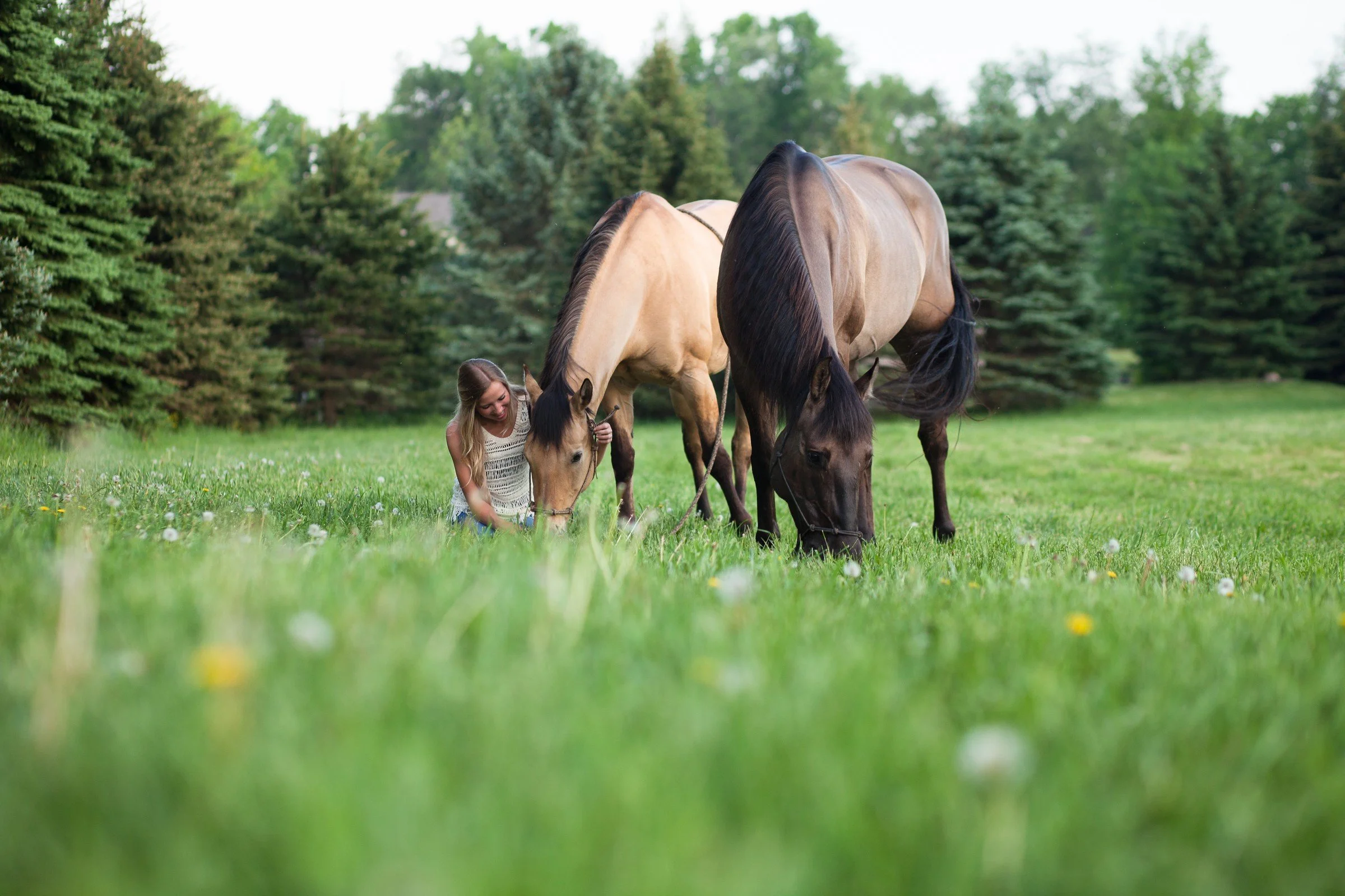 A woman pets two horses grazing in a lush green field with trees in the background.