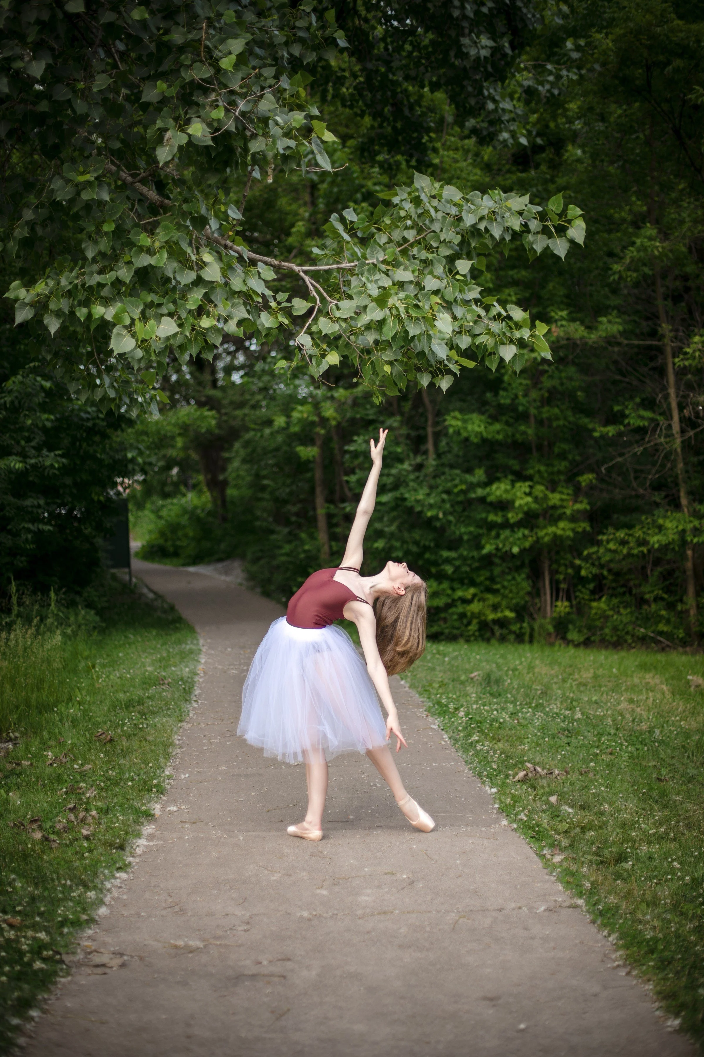 A ballerina performing a dance move on a forest path, with green trees and leaves surrounding her.