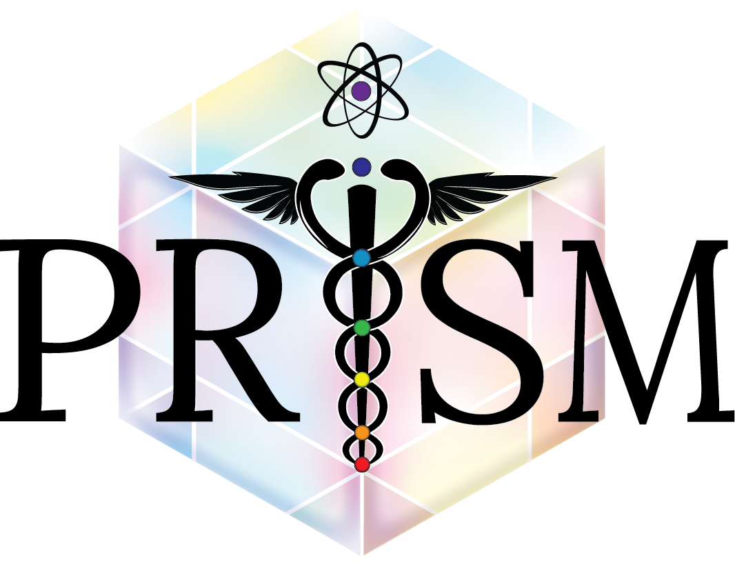 A logo with the text 'PRISM' overlaid on a colorful, geometric, faceted cube. The logo features a caduceus with a stylized winged staff, an atomic symbol at the top, and a vertical line with multicolored circles aligned with the staff.