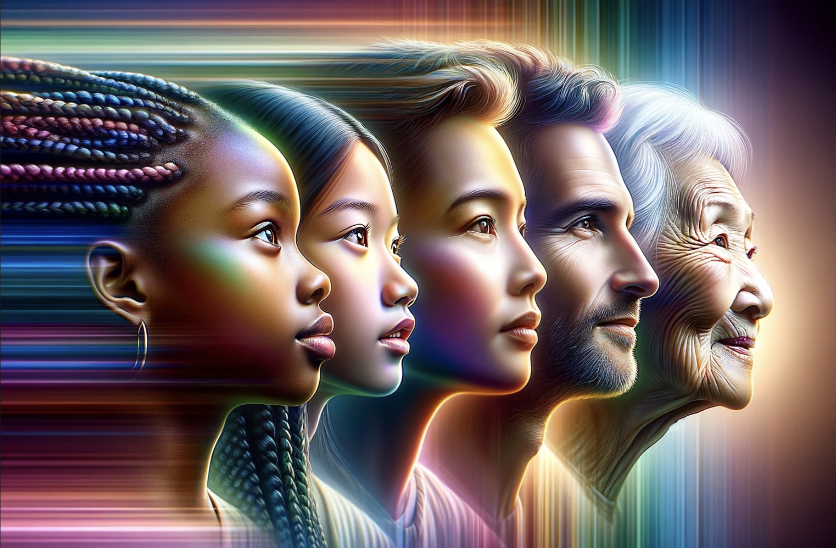 Target audience research; Artwork of people of different ages, gender and ethnicities in profile against a blurred multicolored background.
