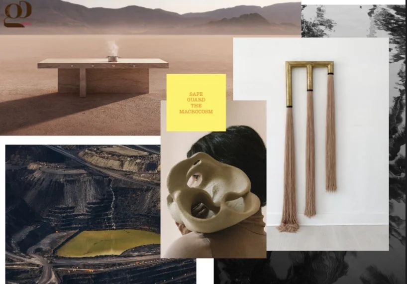 Studio GD mood board collage: Images of landscape, tools, mask, and macrocosm. Exploring identity and scale.