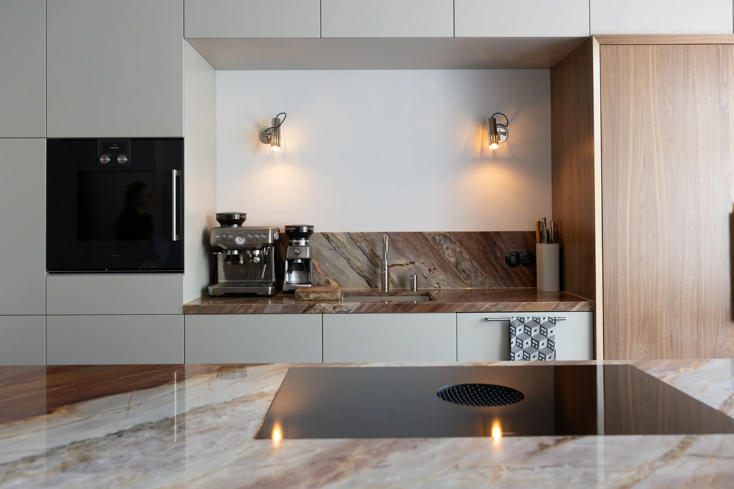 A detail from a Studio GD Interiors kitchen pantry. Designed as part of an extension to a 1930s home. A bespoke approach allowed the architecture to guide every detail, combining natural materials, soft light, and functional simplicity.