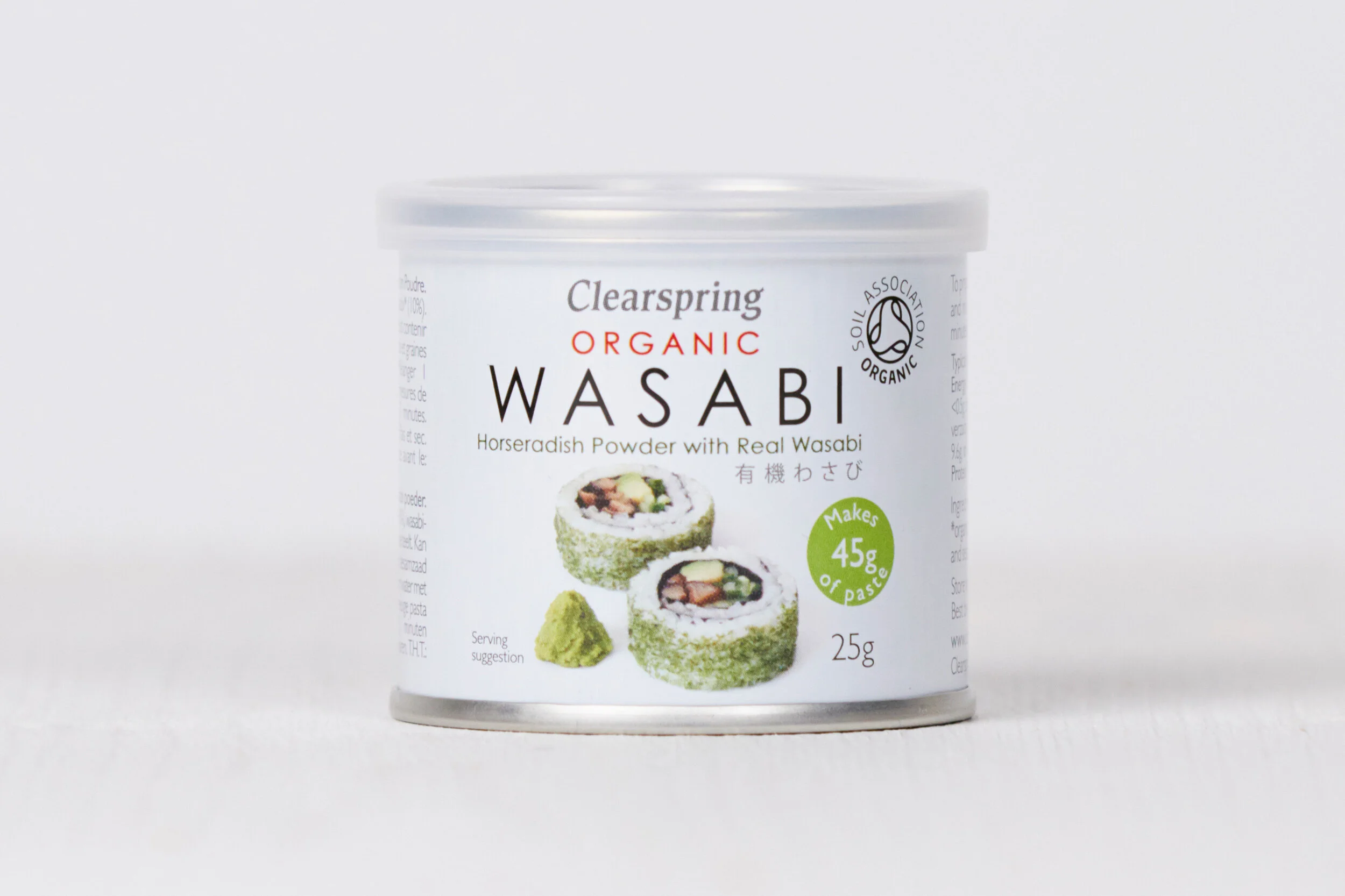 Container of Clearspring Organic Wasabi horseradish powder with real wasabi, featuring images of wasabi and sushi on the label.