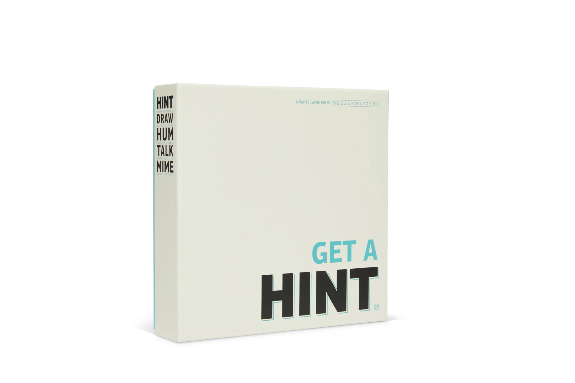 A white box with text saying 'Get a Hint' in large blue and black font, and additional small text indicating it is a party game from Bezierwizzer.