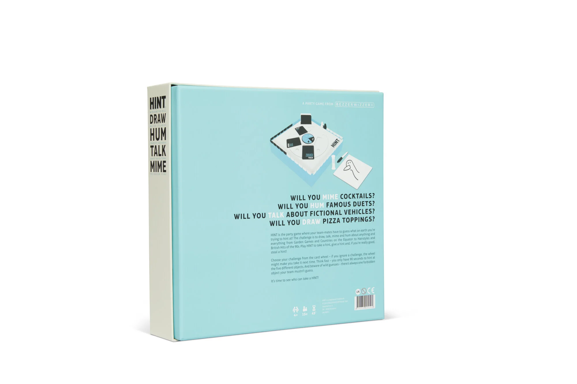 Blue box game called 'HINT' with game instructions on the back, depicting a game board with electronic devices and a card with a doodle of a human face.